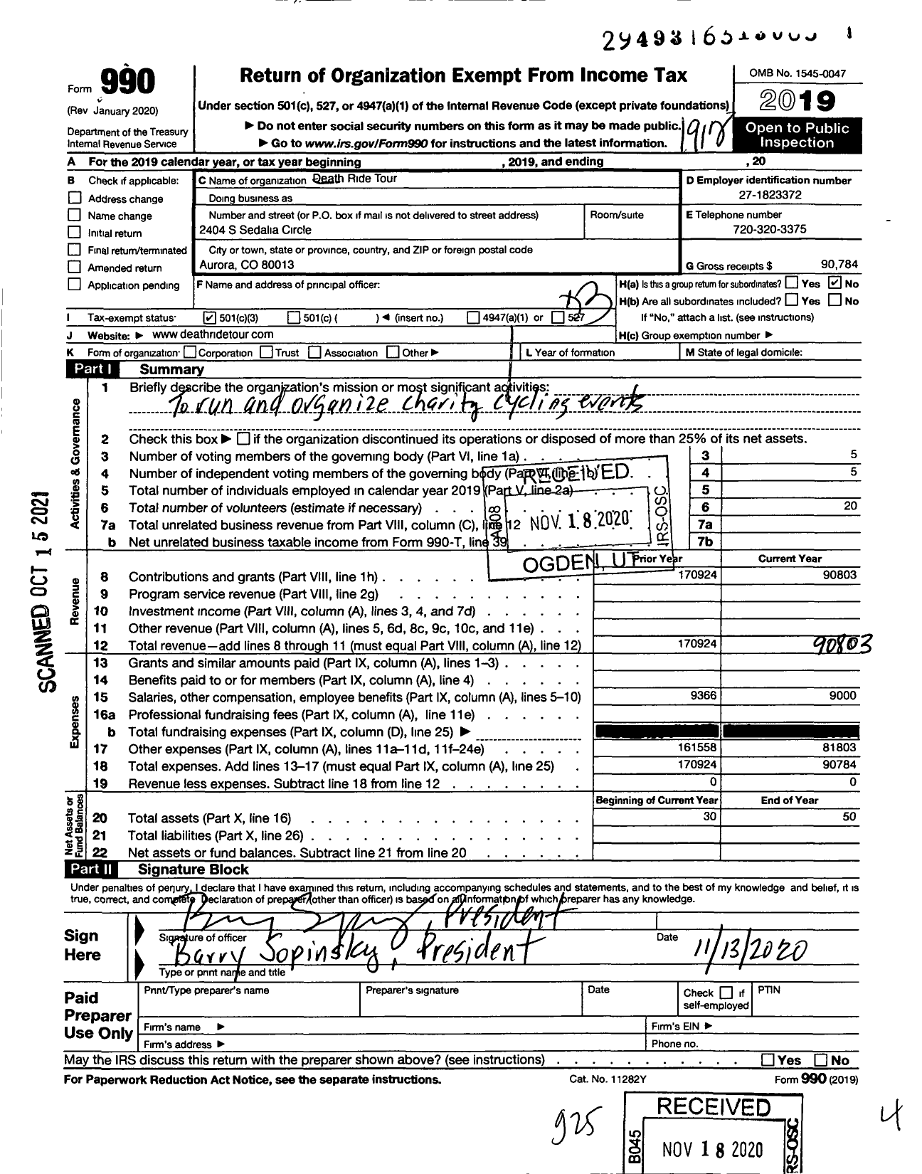 Image of first page of 2019 Form 990 for Death Ride Tour