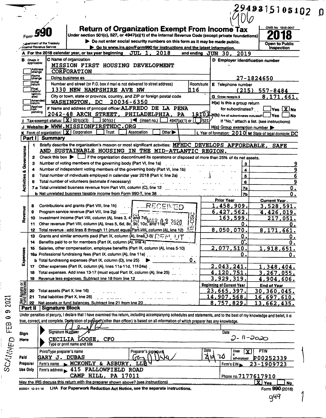 Image of first page of 2018 Form 990 for Mission First Housing Group