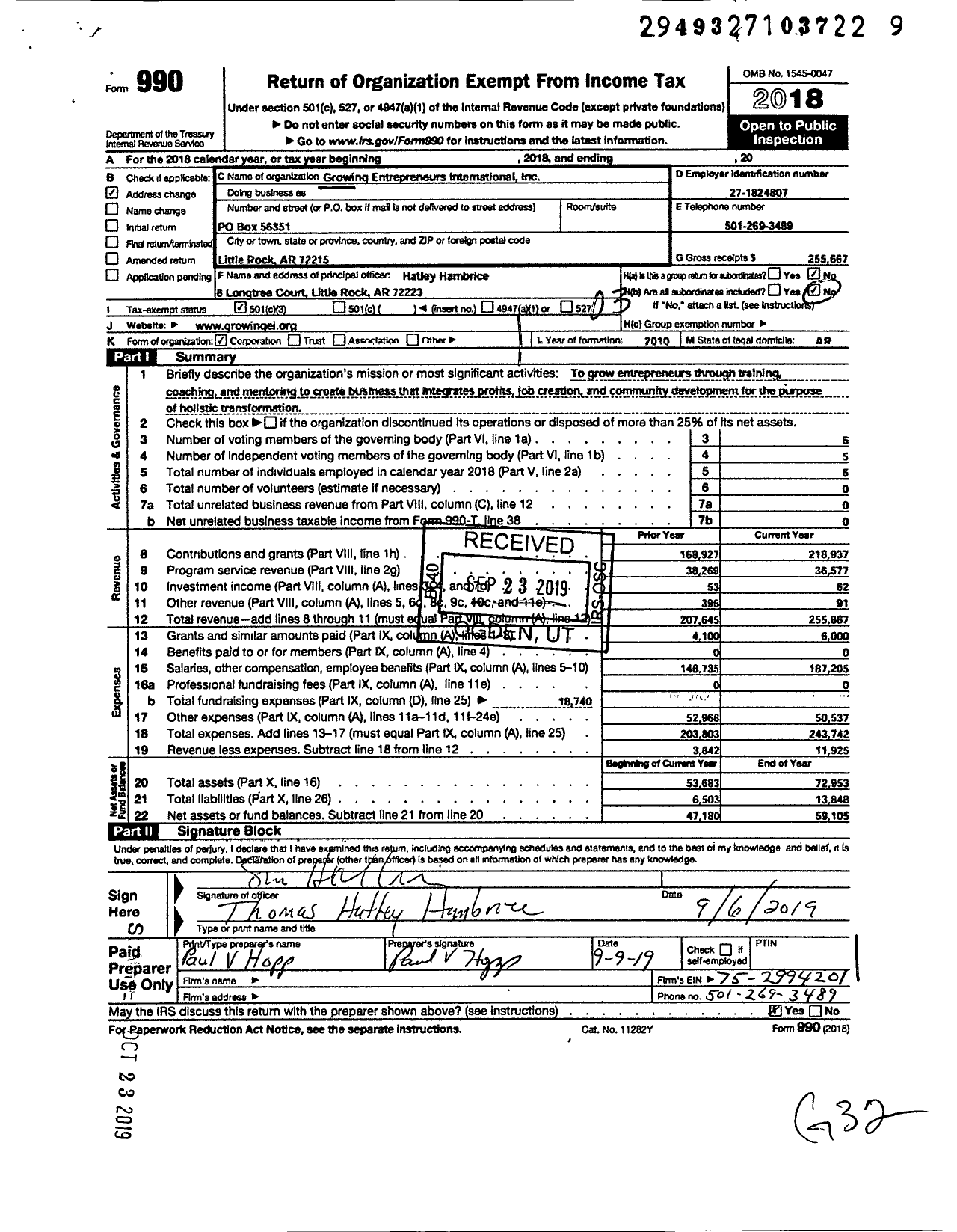 Image of first page of 2018 Form 990 for Growing Entrepreneurs International