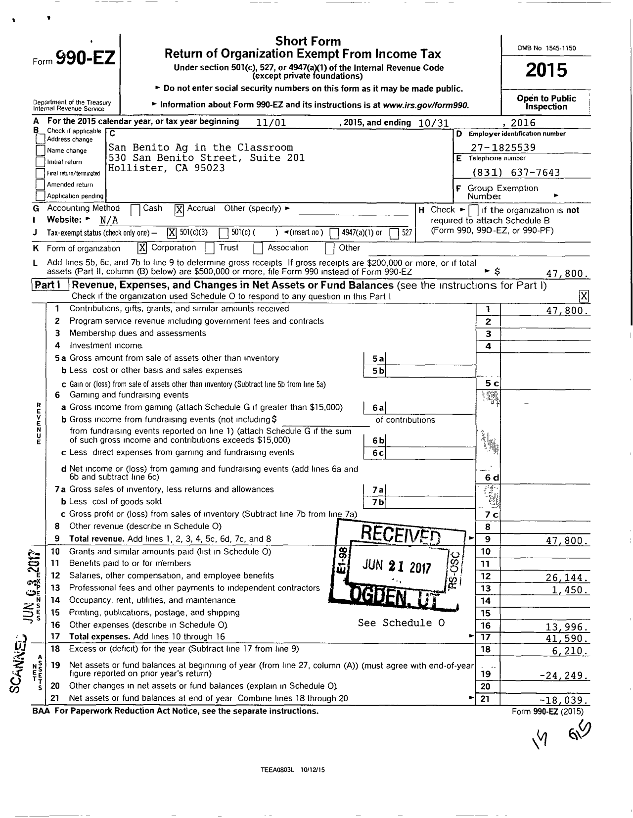 Image of first page of 2015 Form 990EZ for San Benito Ag in the Classroom