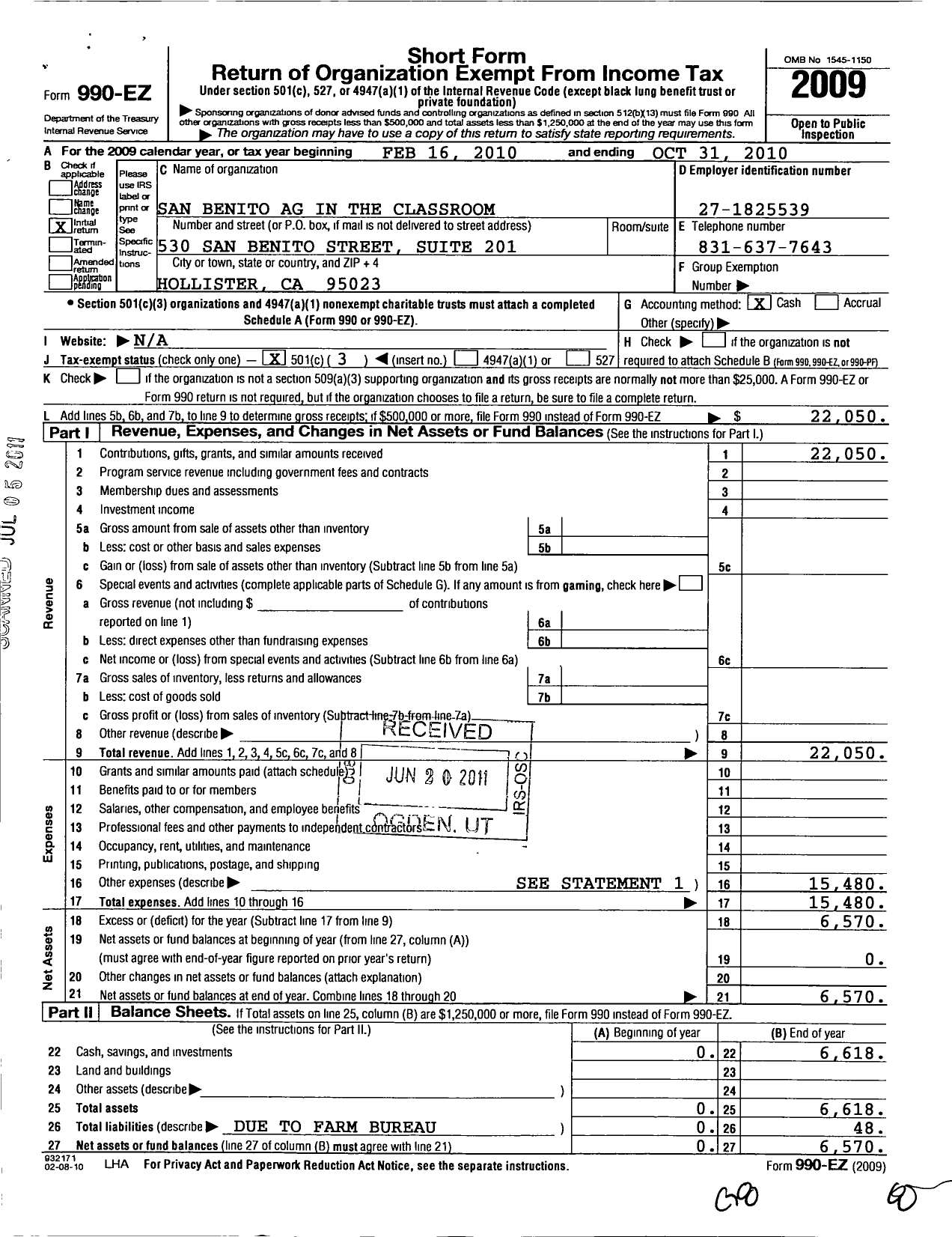 Image of first page of 2009 Form 990EZ for San Benito Ag in the Classroom