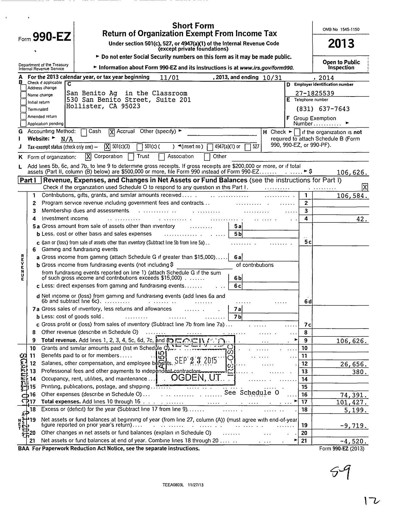 Image of first page of 2013 Form 990EZ for San Benito Ag in the Classroom