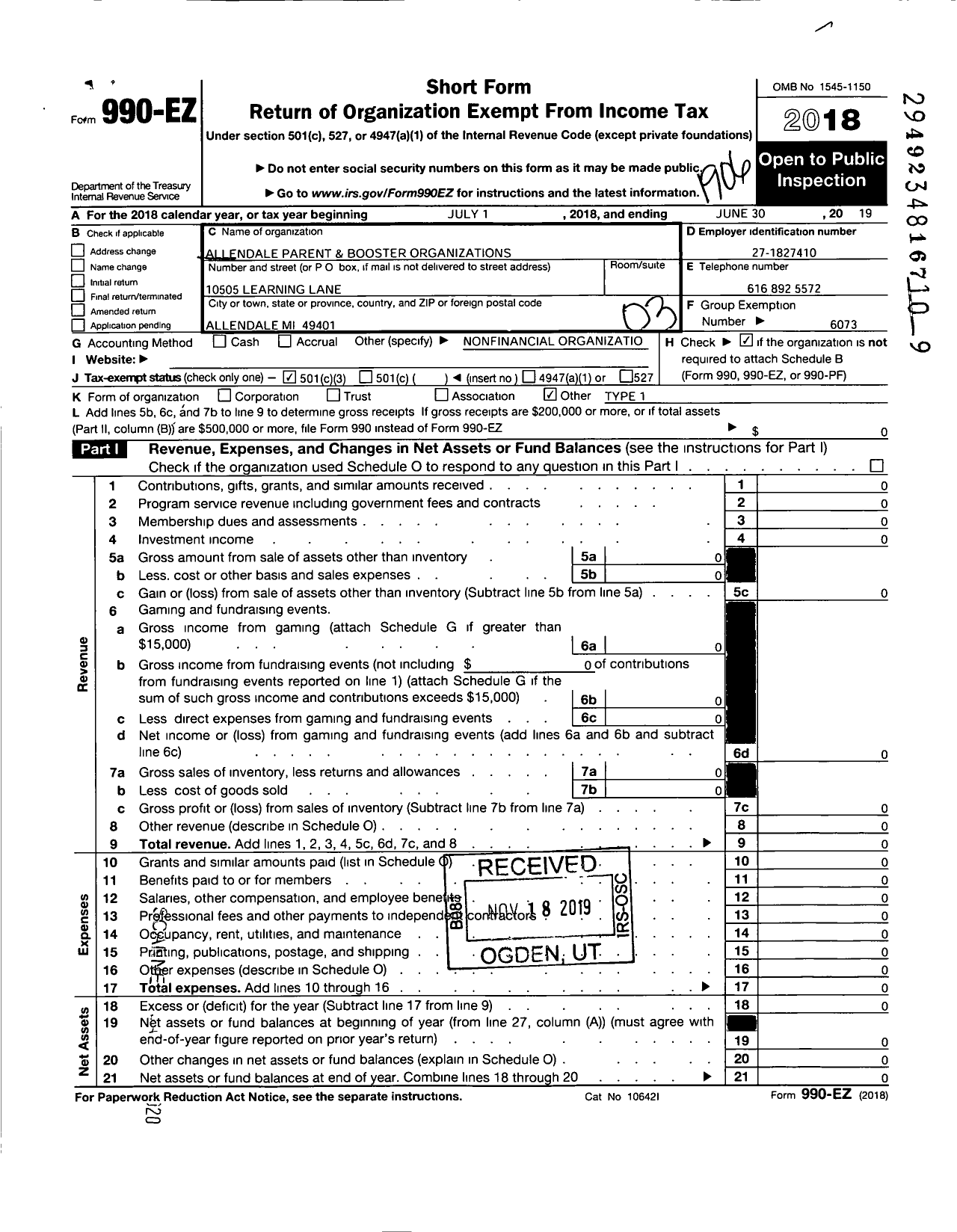 Image of first page of 2018 Form 990EZ for Allendale Parent and Booster Organizations