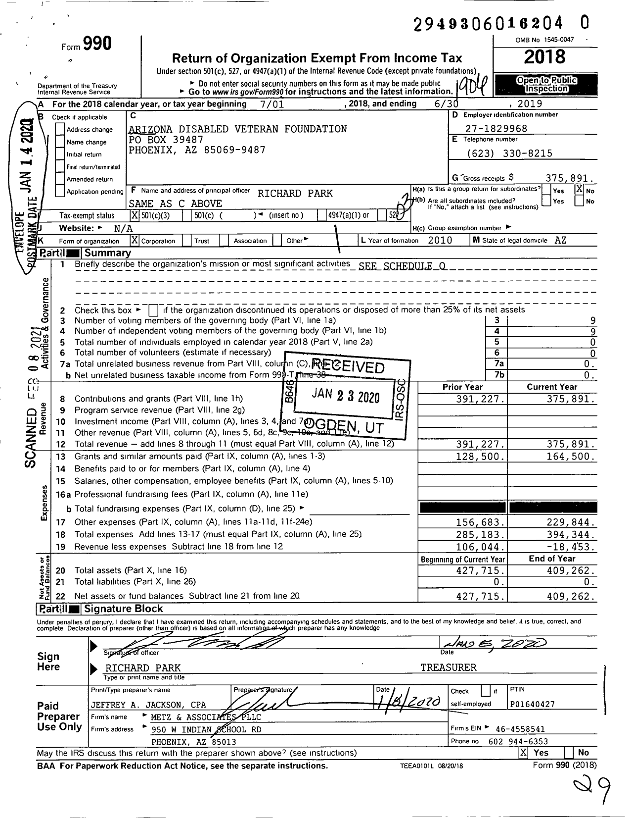 Image of first page of 2018 Form 990 for Arizona Disabled Veteran Foundation