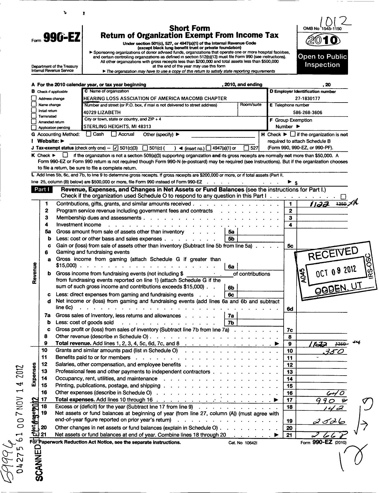 Image of first page of 2010 Form 990EZ for Hearing Loss Association of America / Macomb Chapter