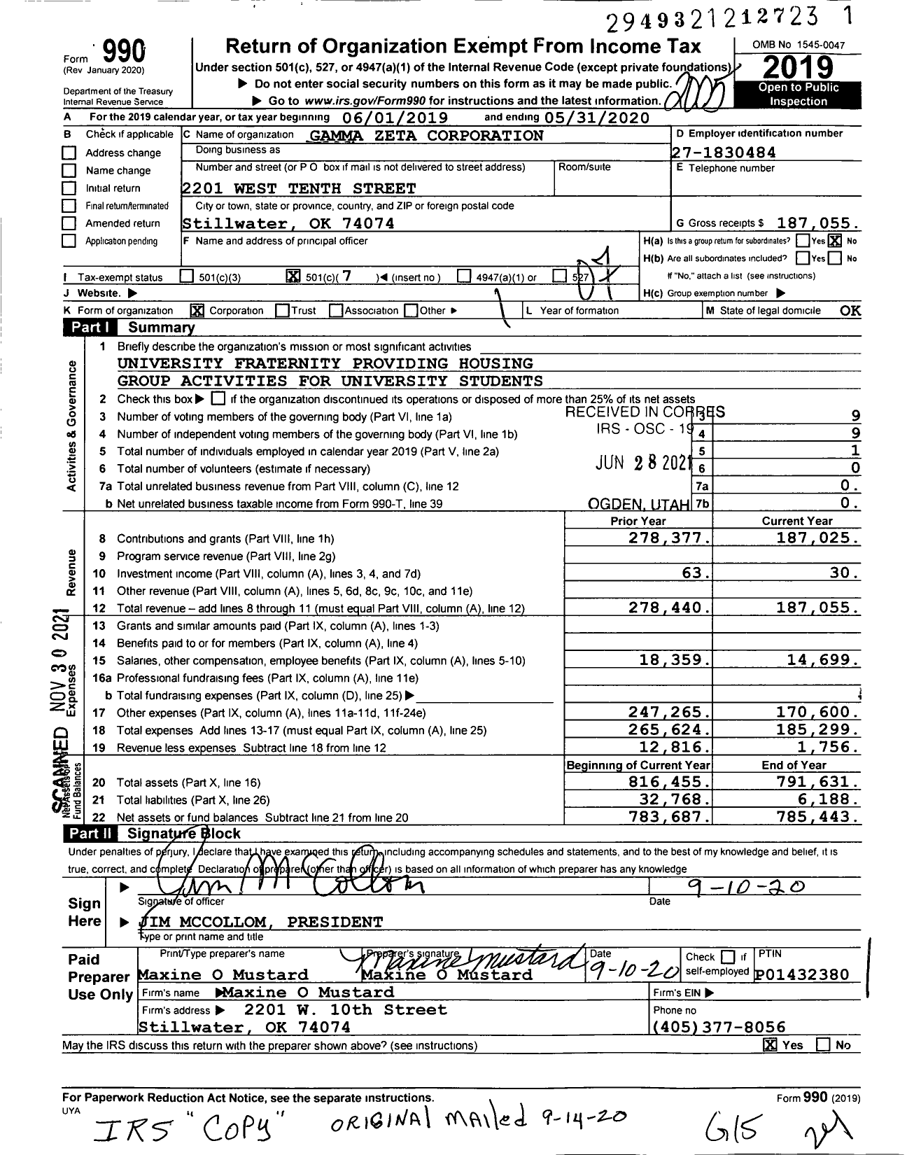 Image of first page of 2019 Form 990O for Kappa Sigma Fraternity - Gamma-Psi House Corporation