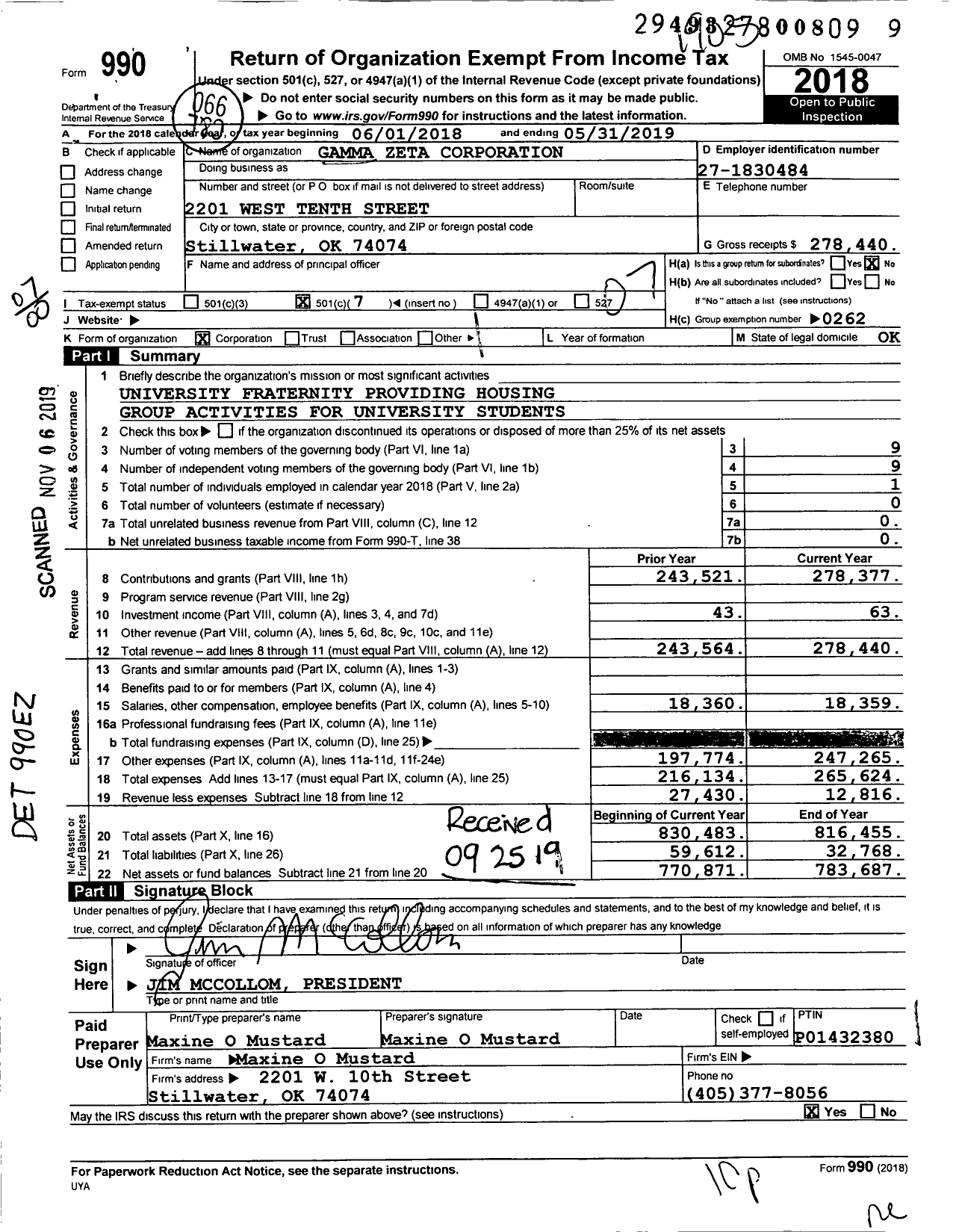 Image of first page of 2018 Form 990O for Kappa Sigma Fraternity - Gamma-Psi House Corporation