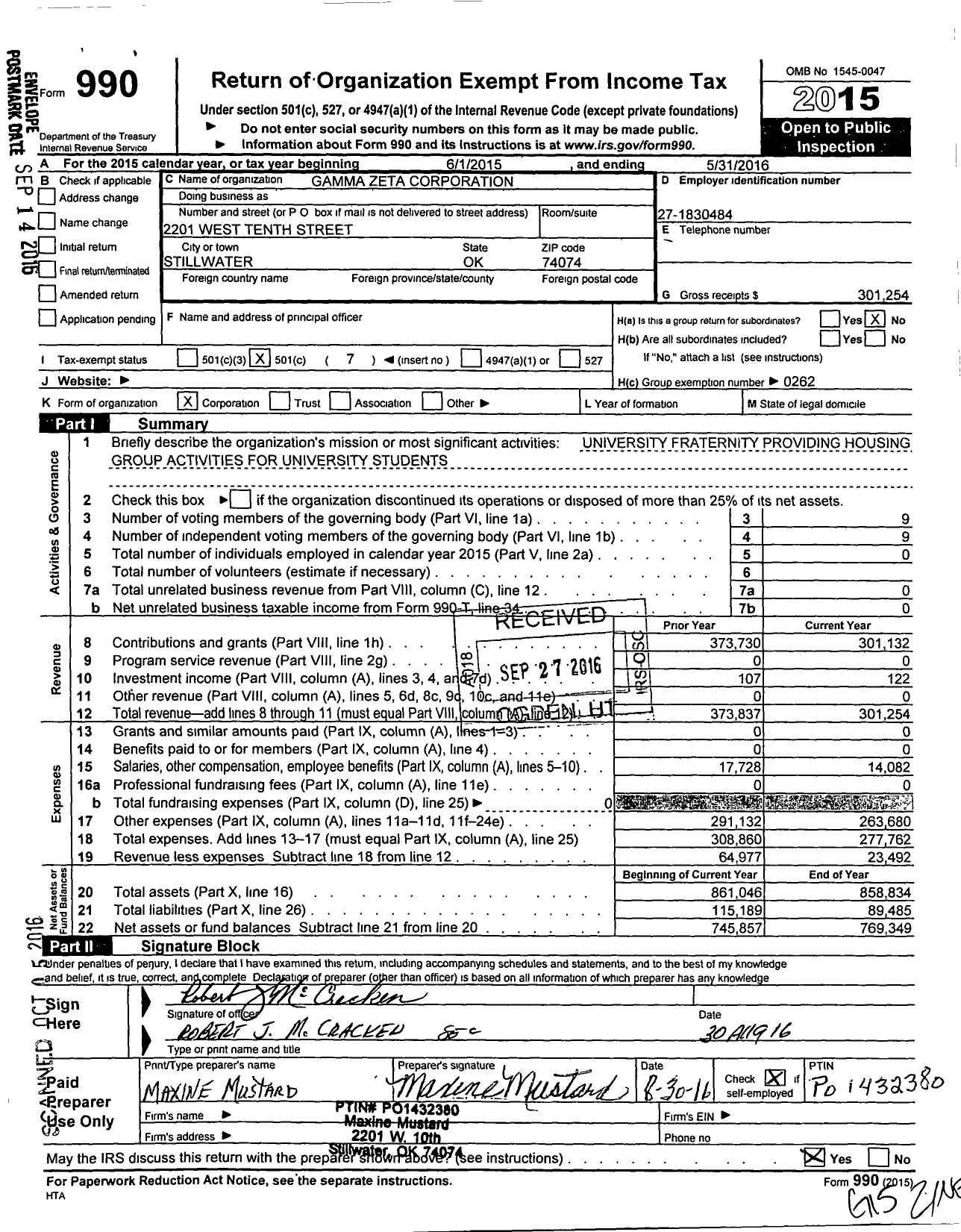 Image of first page of 2015 Form 990O for Kappa Sigma Fraternity - Gamma-Psi House Corporation