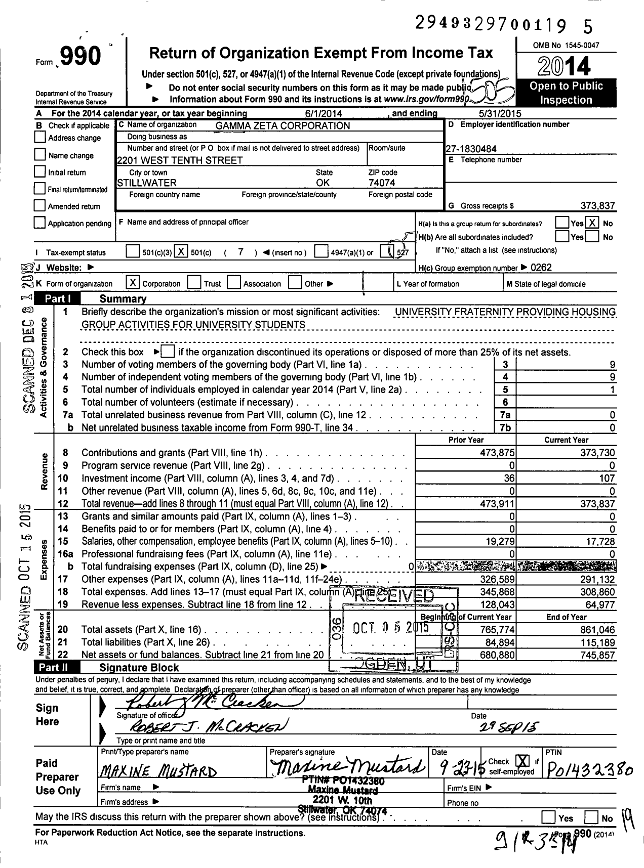 Image of first page of 2014 Form 990O for Kappa Sigma Fraternity - Gamma-Psi House Corporation