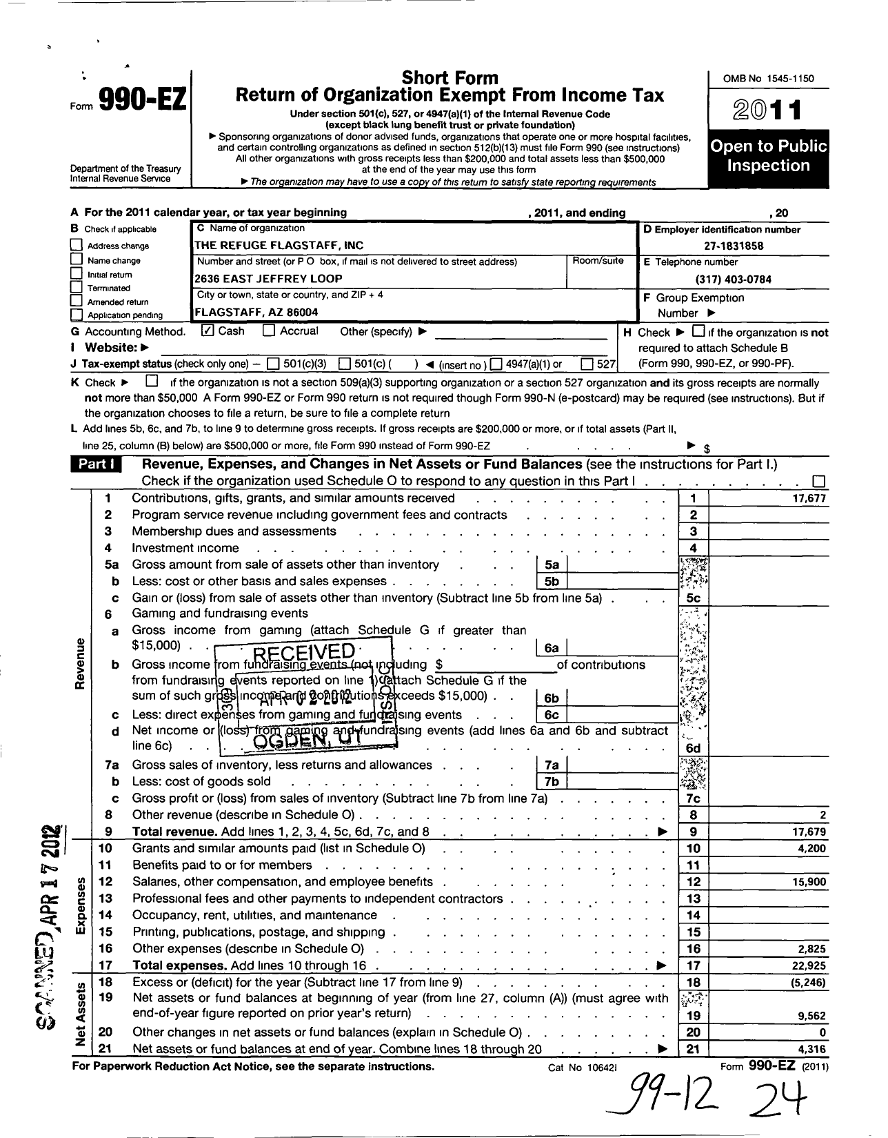 Image of first page of 2011 Form 990EO for Refuge Flagstaff