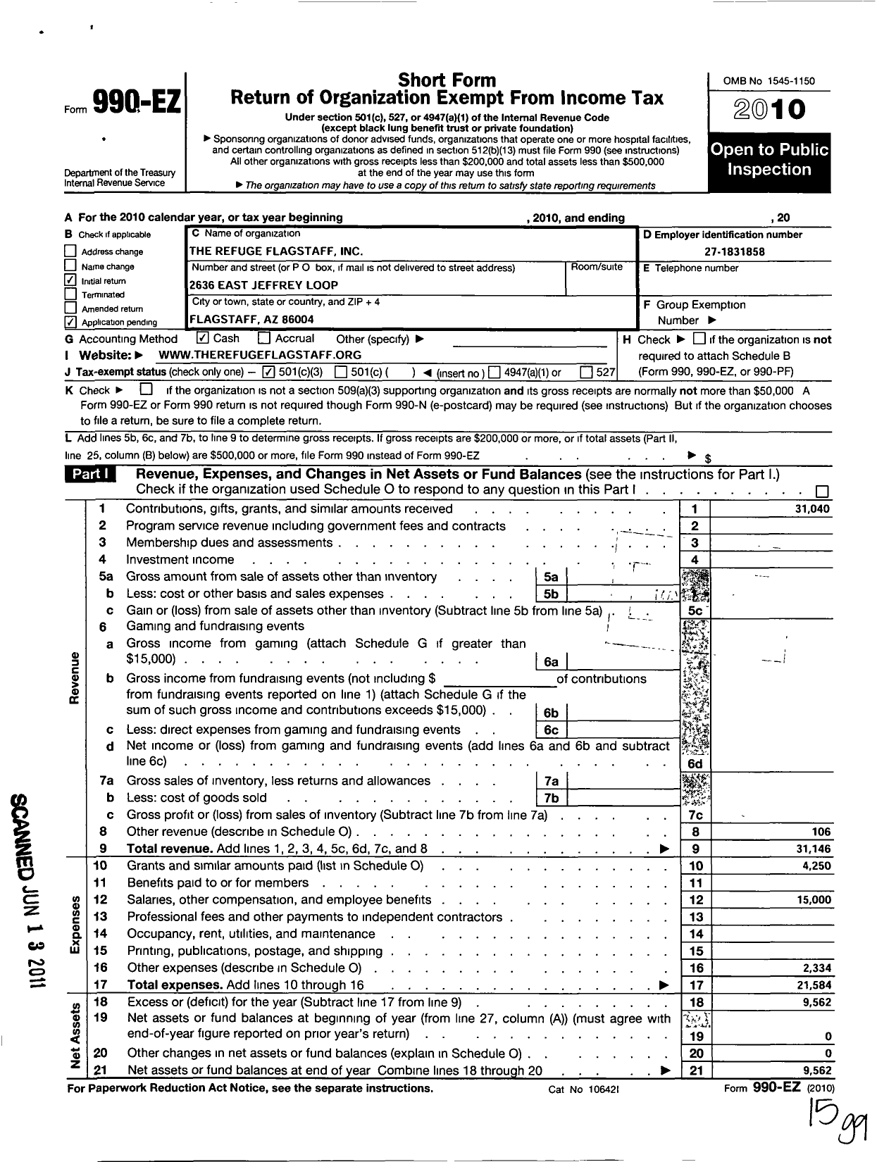 Image of first page of 2010 Form 990EZ for Refuge Flagstaff