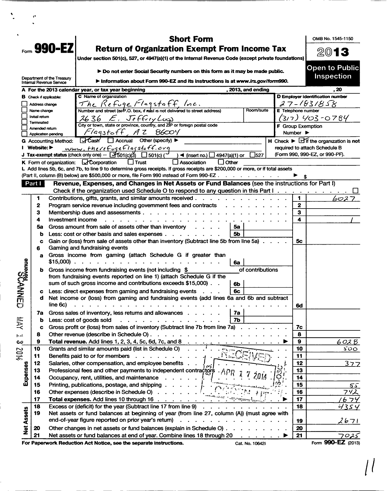 Image of first page of 2013 Form 990EZ for Refuge Flagstaff