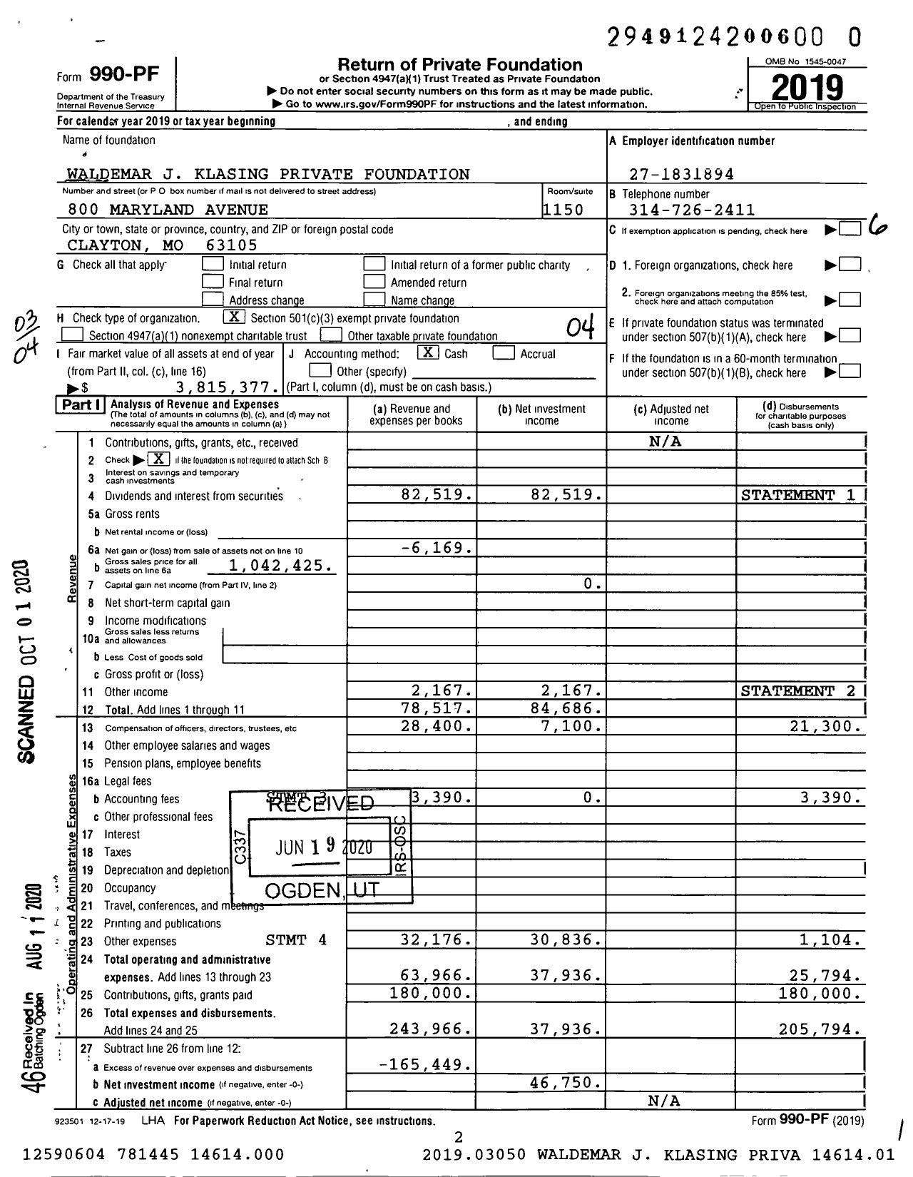 Image of first page of 2019 Form 990PR for Waldemar J Klasing Private Foundation