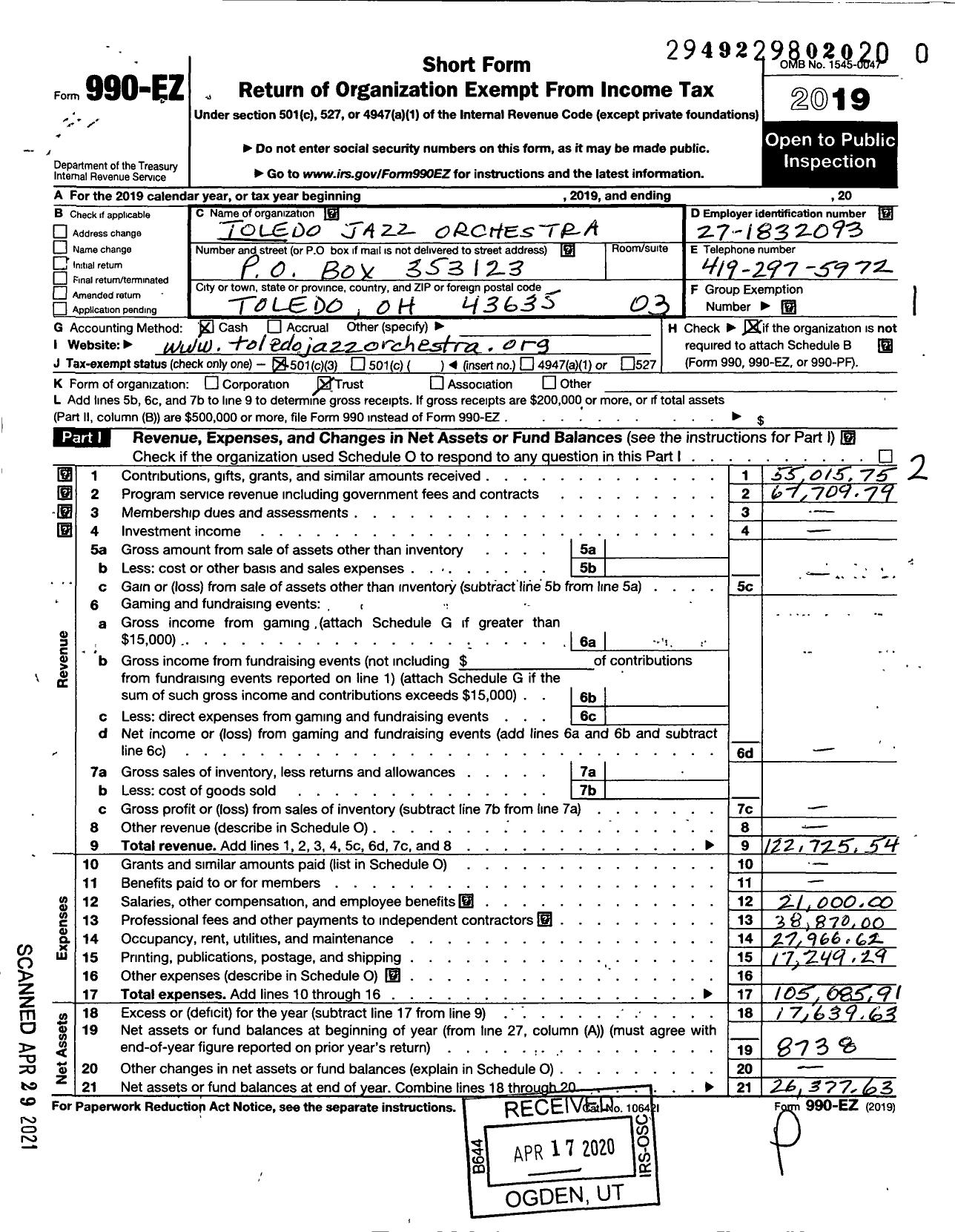 Image of first page of 2019 Form 990EZ for Toledo Jazz Orchestra