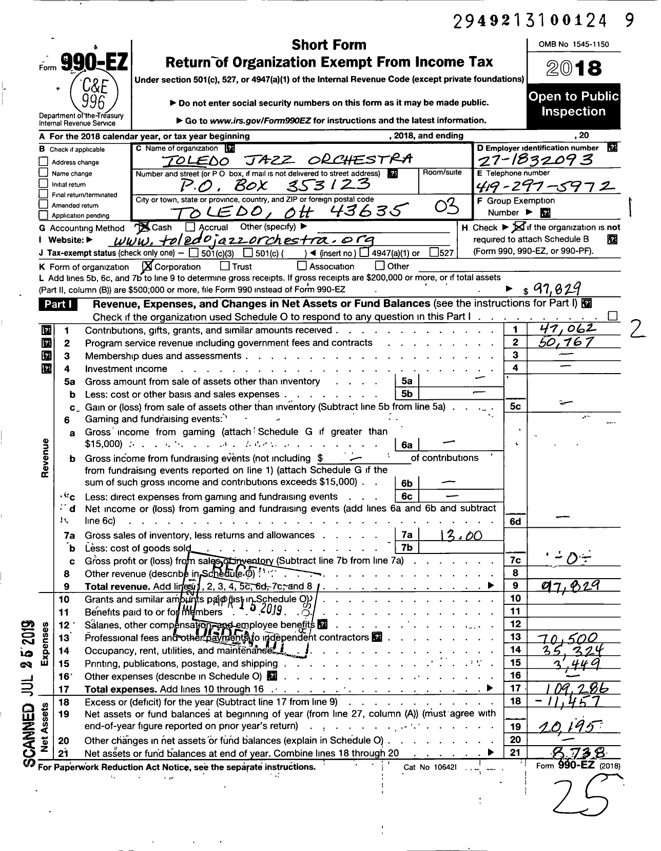 Image of first page of 2018 Form 990EZ for Toledo Jazz Orchestra