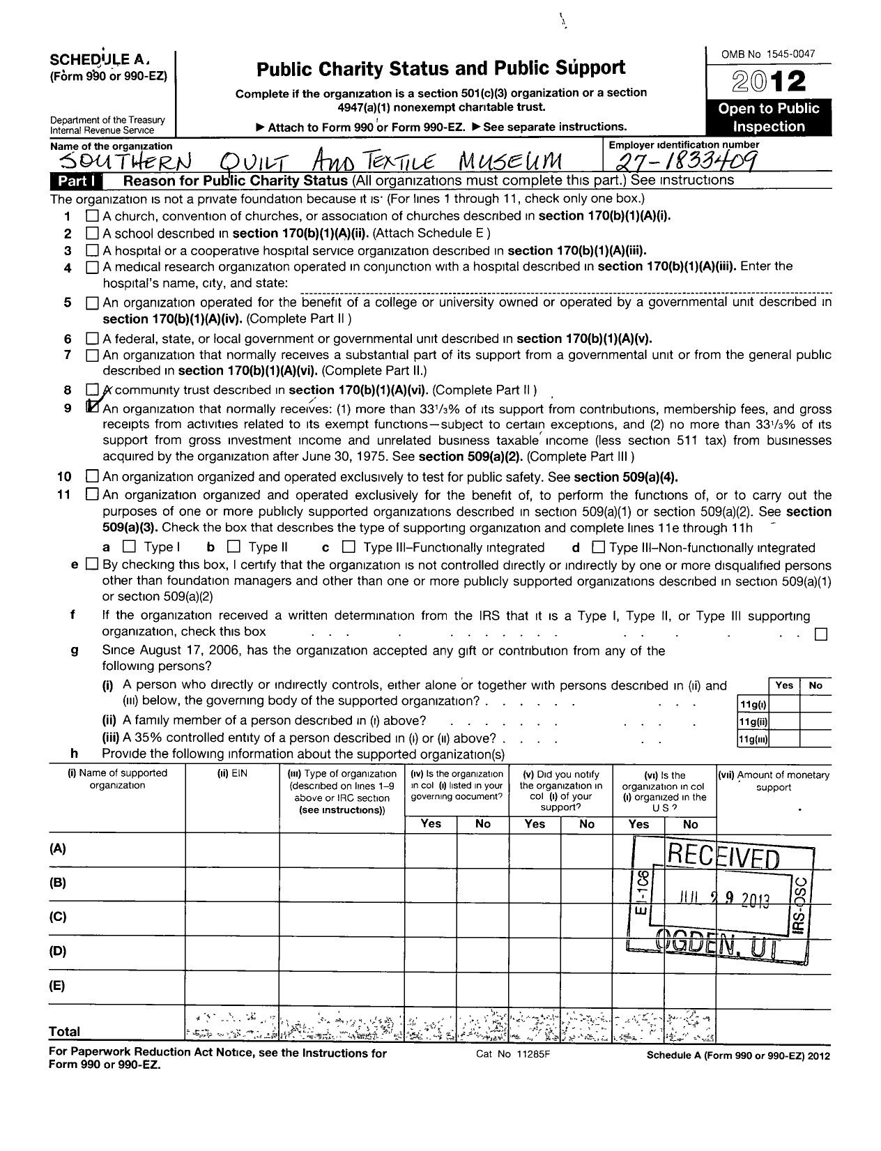 Image of first page of 2012 Form 990ER for Southeastern Quilt and Textile Museum