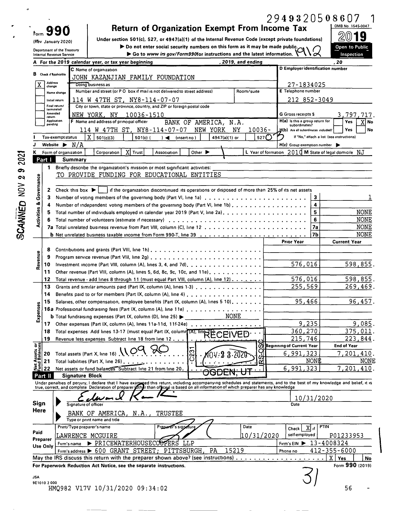 Image of first page of 2019 Form 990 for John Kazanjian Family Foundation