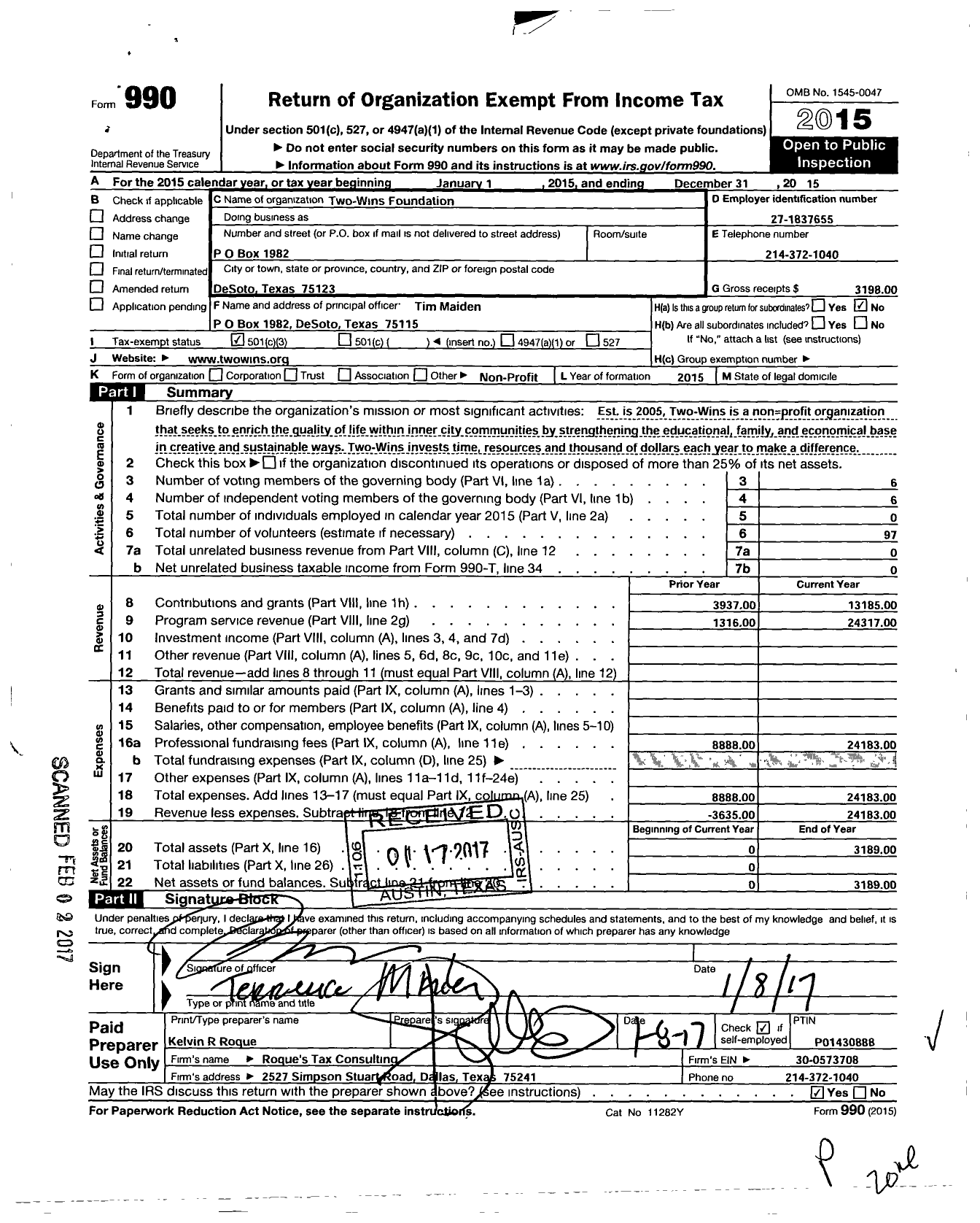 Image of first page of 2015 Form 990 for Two Wins Foundation