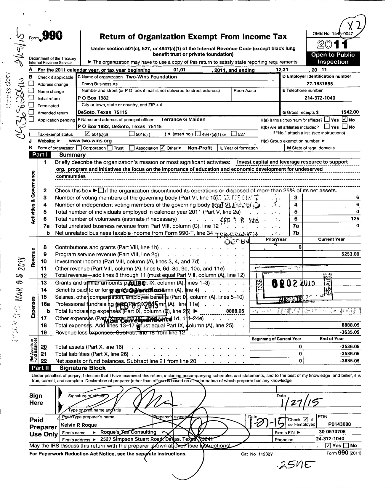 Image of first page of 2011 Form 990 for Two Wins Foundation