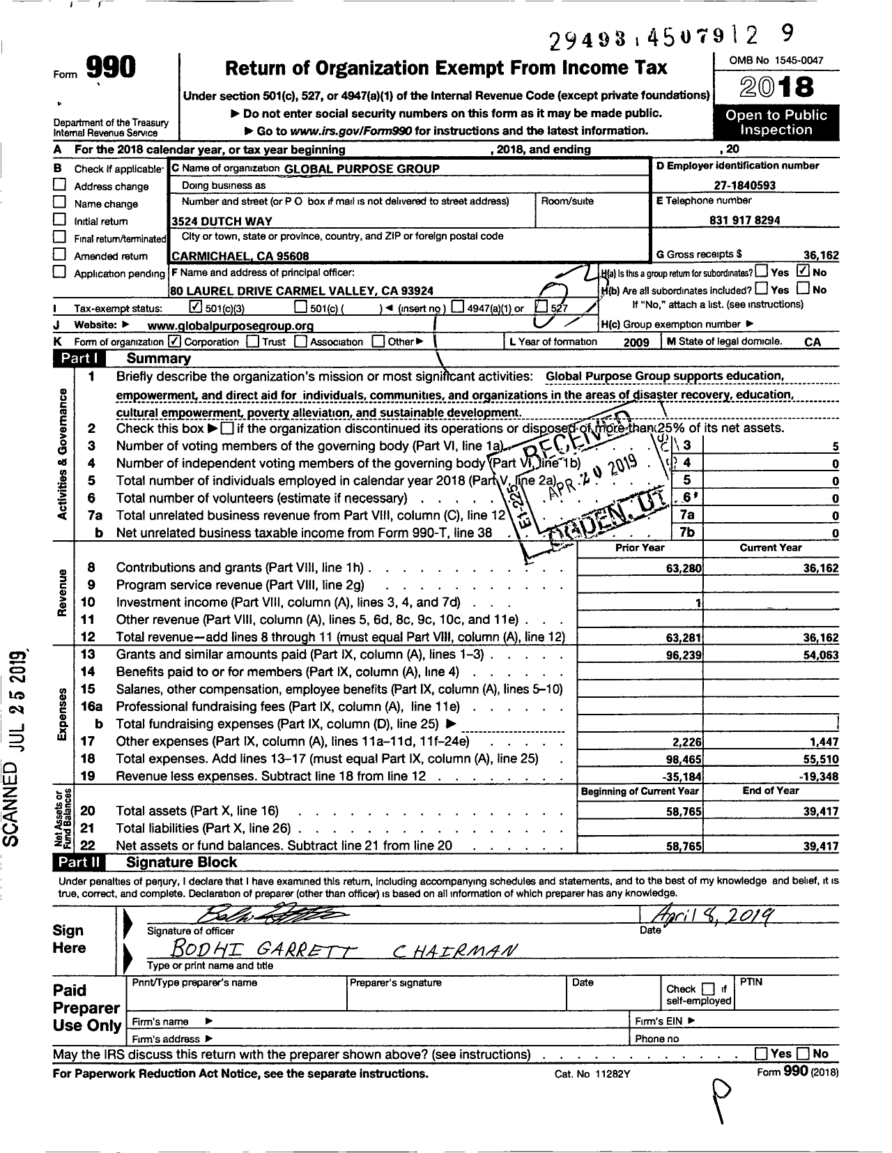 Image of first page of 2018 Form 990 for Global Purpose Group