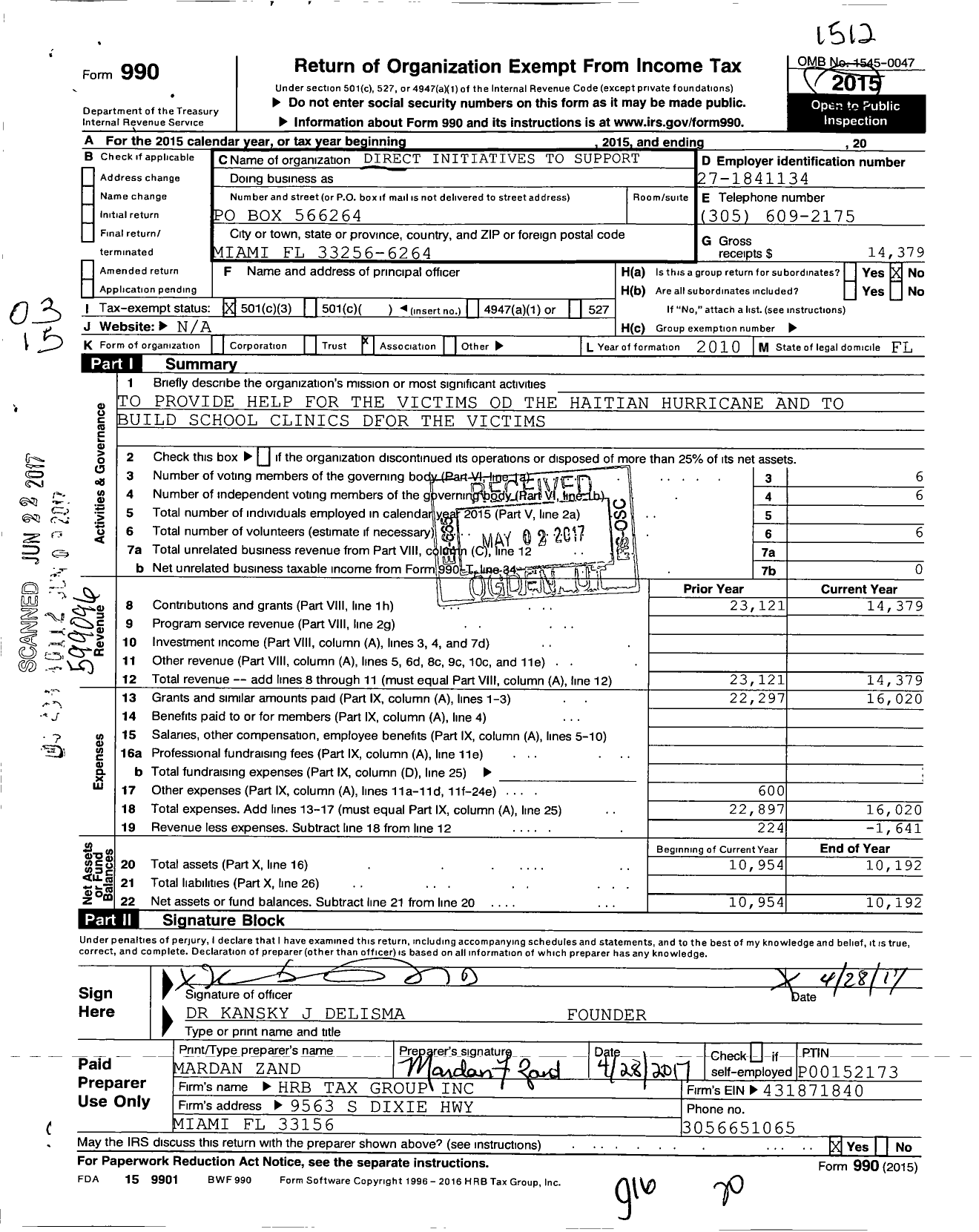 Image of first page of 2015 Form 990 for Direct Initiatives To Support Haiti