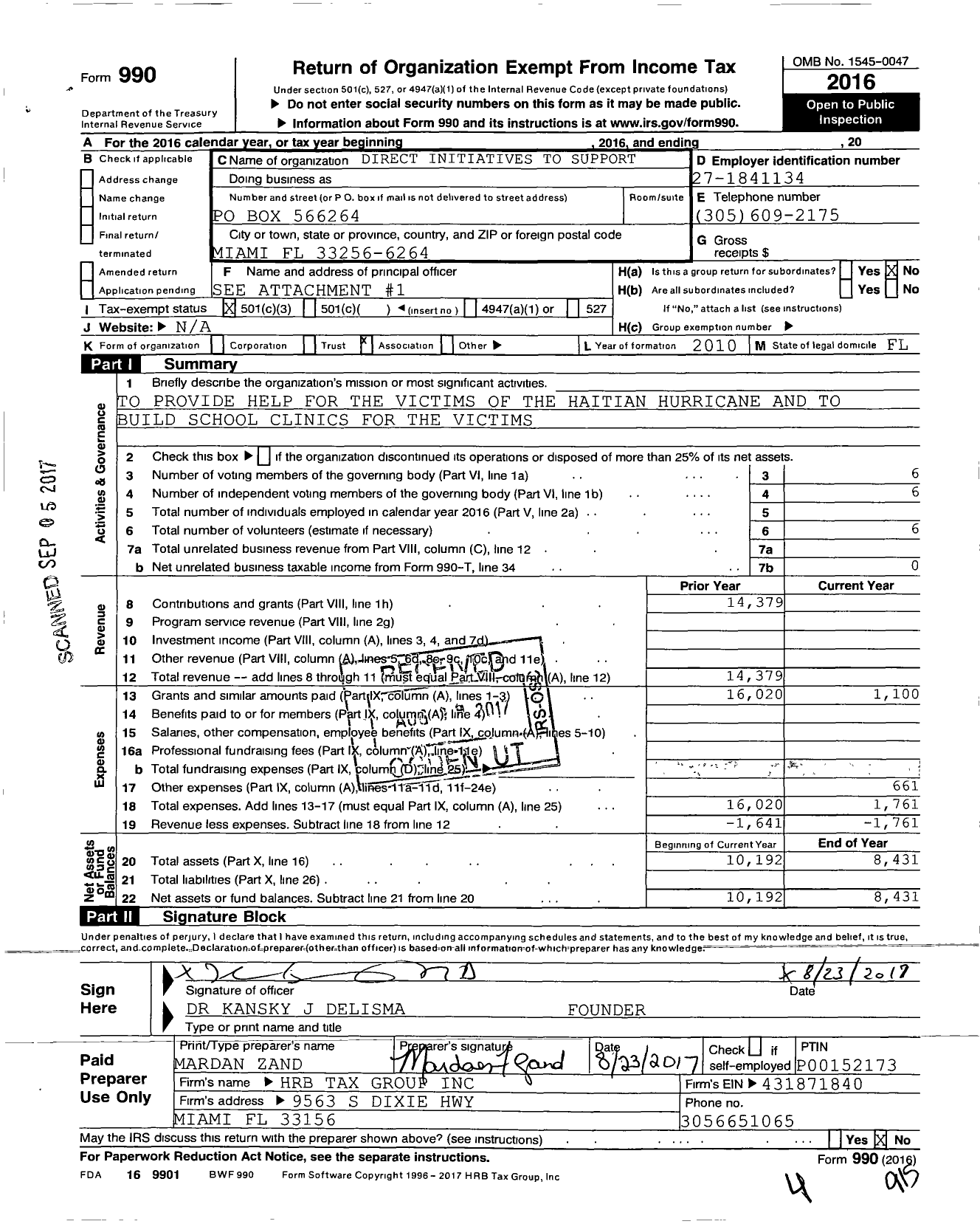 Image of first page of 2016 Form 990 for Direct Initiatives To Support Haiti