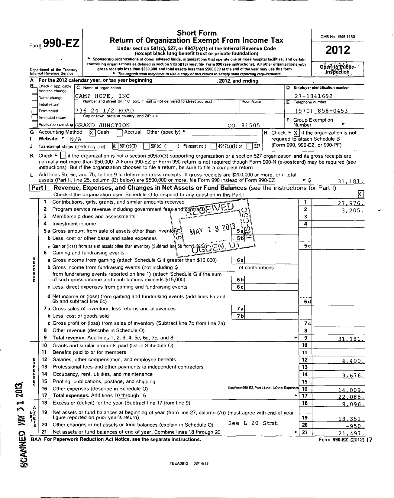Image of first page of 2012 Form 990EZ for Camp Hope