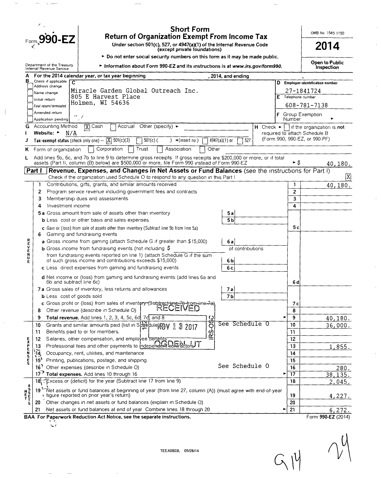 Image of first page of 2014 Form 990EZ for Miracle Garden Global Outreach