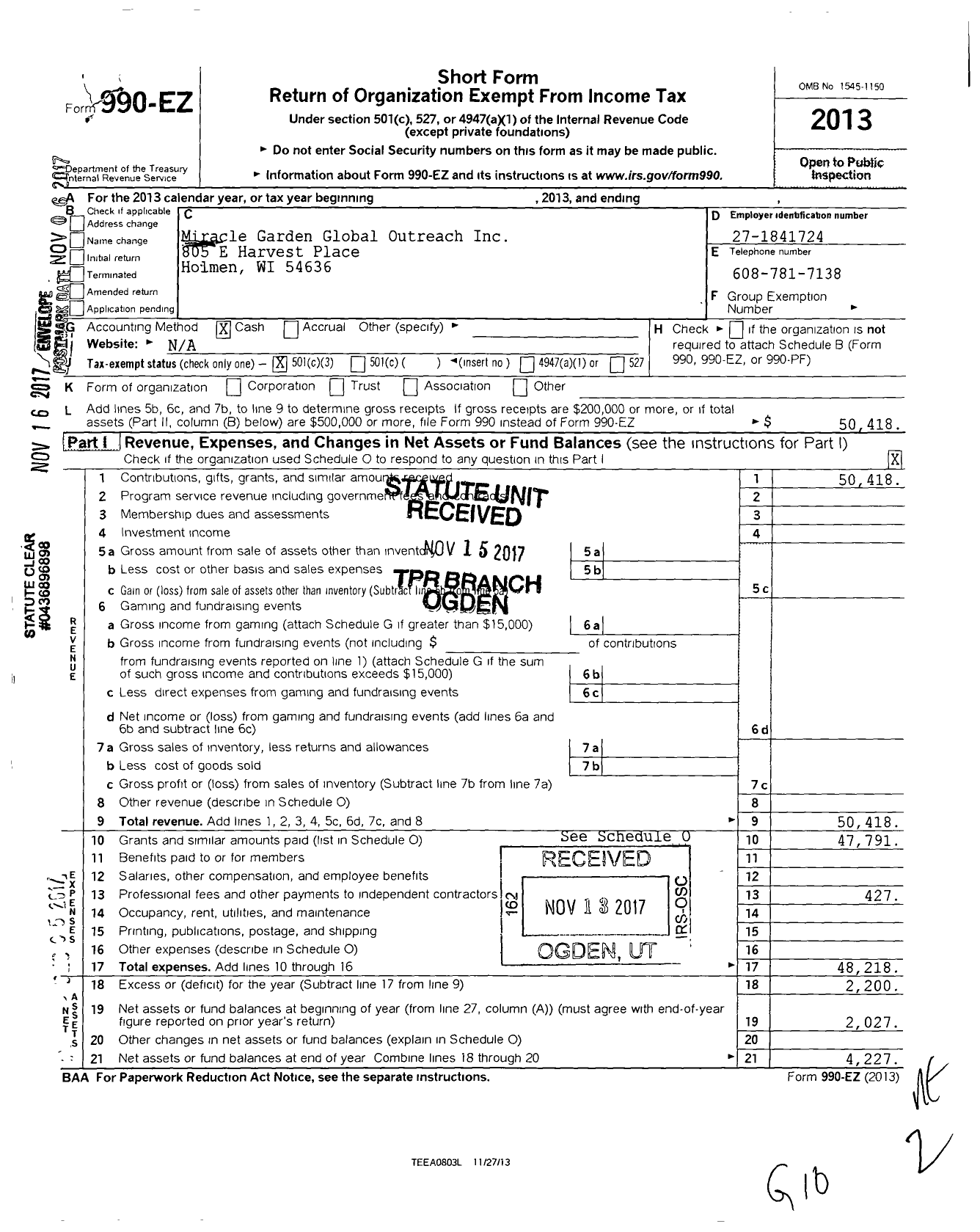 Image of first page of 2013 Form 990EZ for Miracle Garden Global Outreach