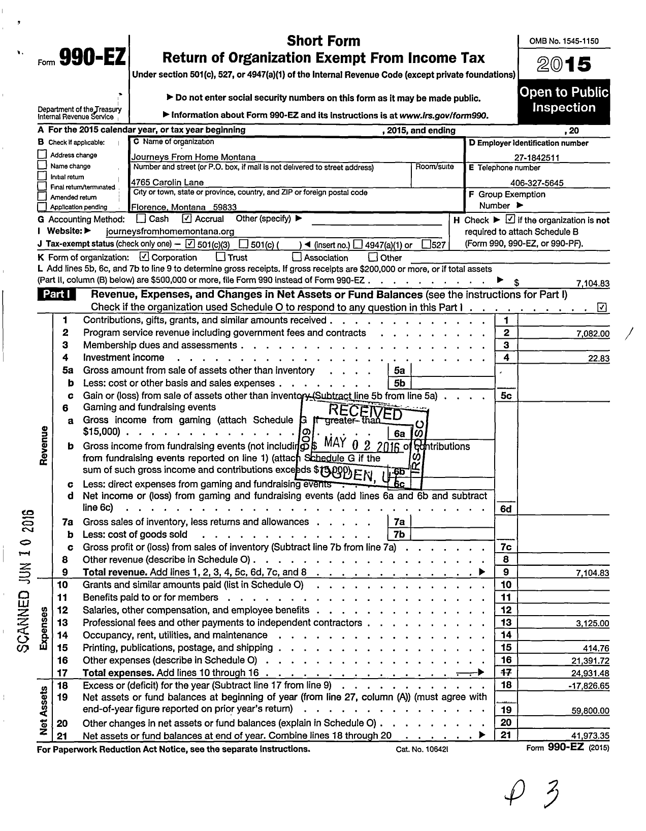 Image of first page of 2015 Form 990EZ for Journeys From Home Montana