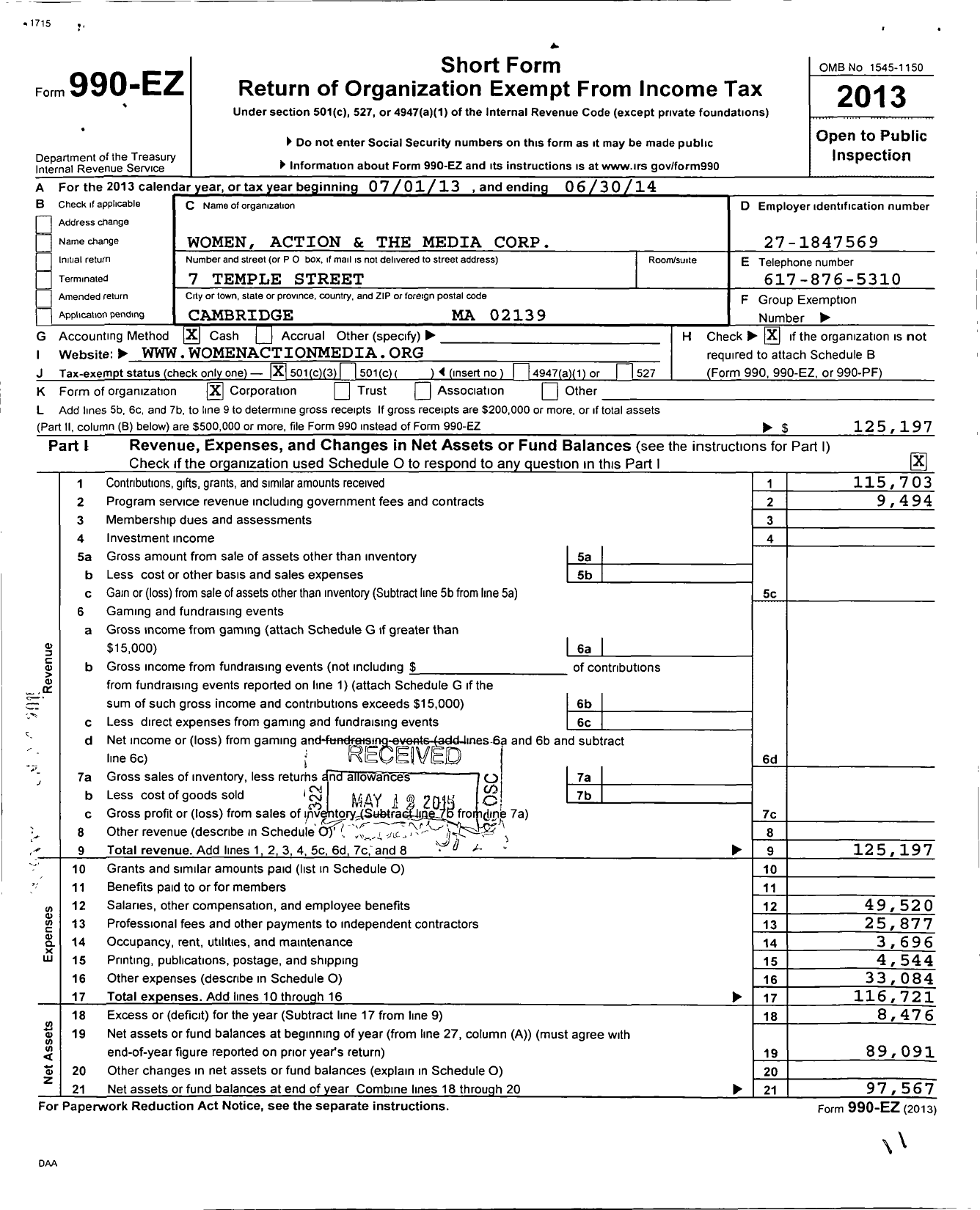 Image of first page of 2013 Form 990EZ for Women Action and the Media Corporation