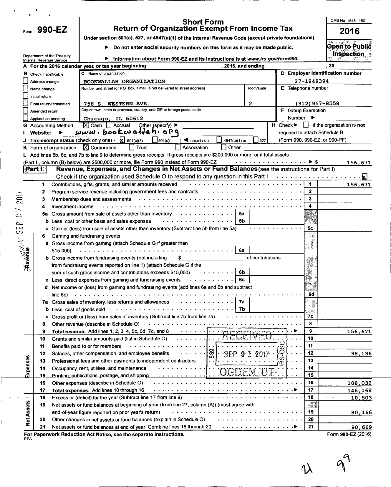 Image of first page of 2016 Form 990EZ for Bookwallah Organization