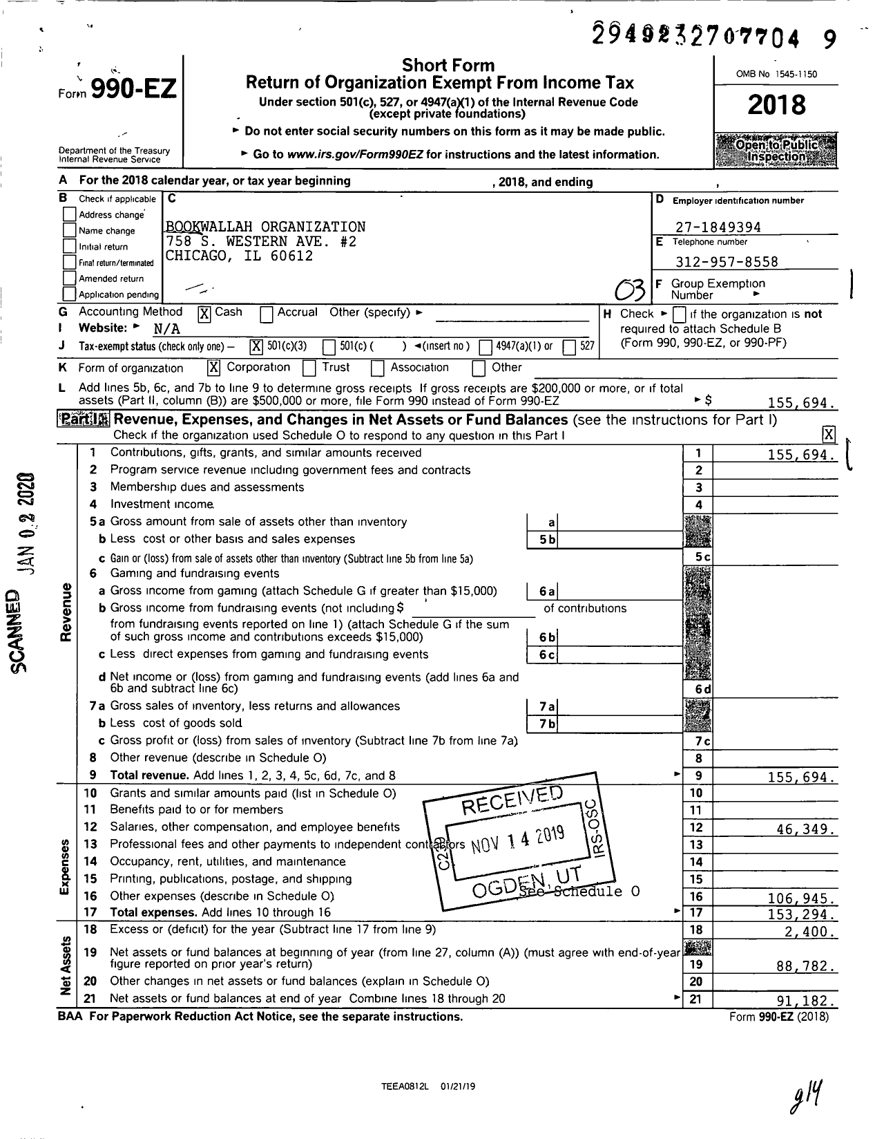 Image of first page of 2018 Form 990EZ for Bookwallah Organization