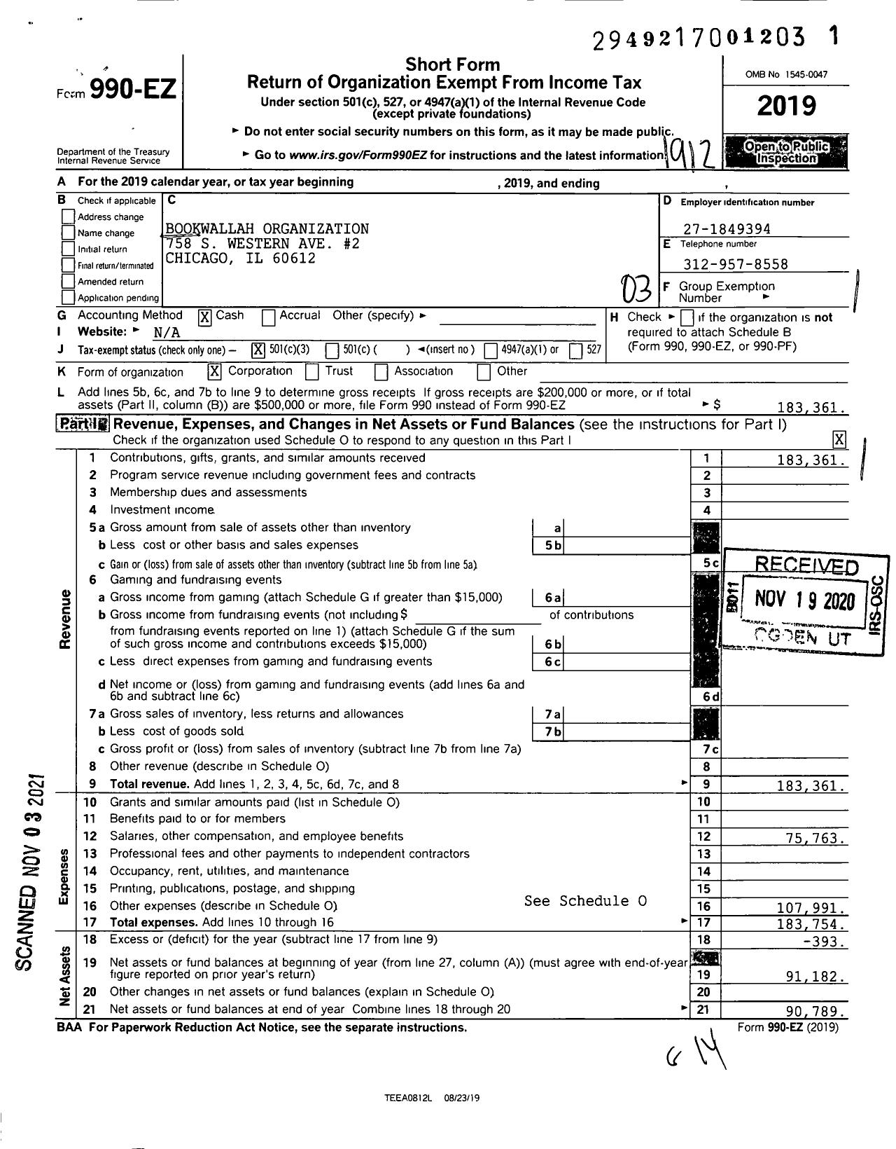 Image of first page of 2019 Form 990EZ for Bookwallah Organization