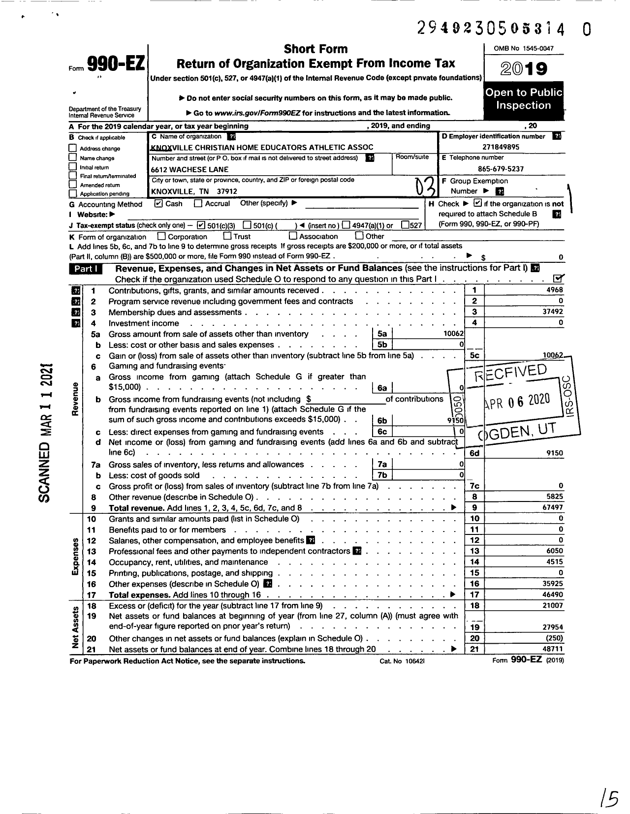 Image of first page of 2019 Form 990EZ for Knoxville Ambassadors