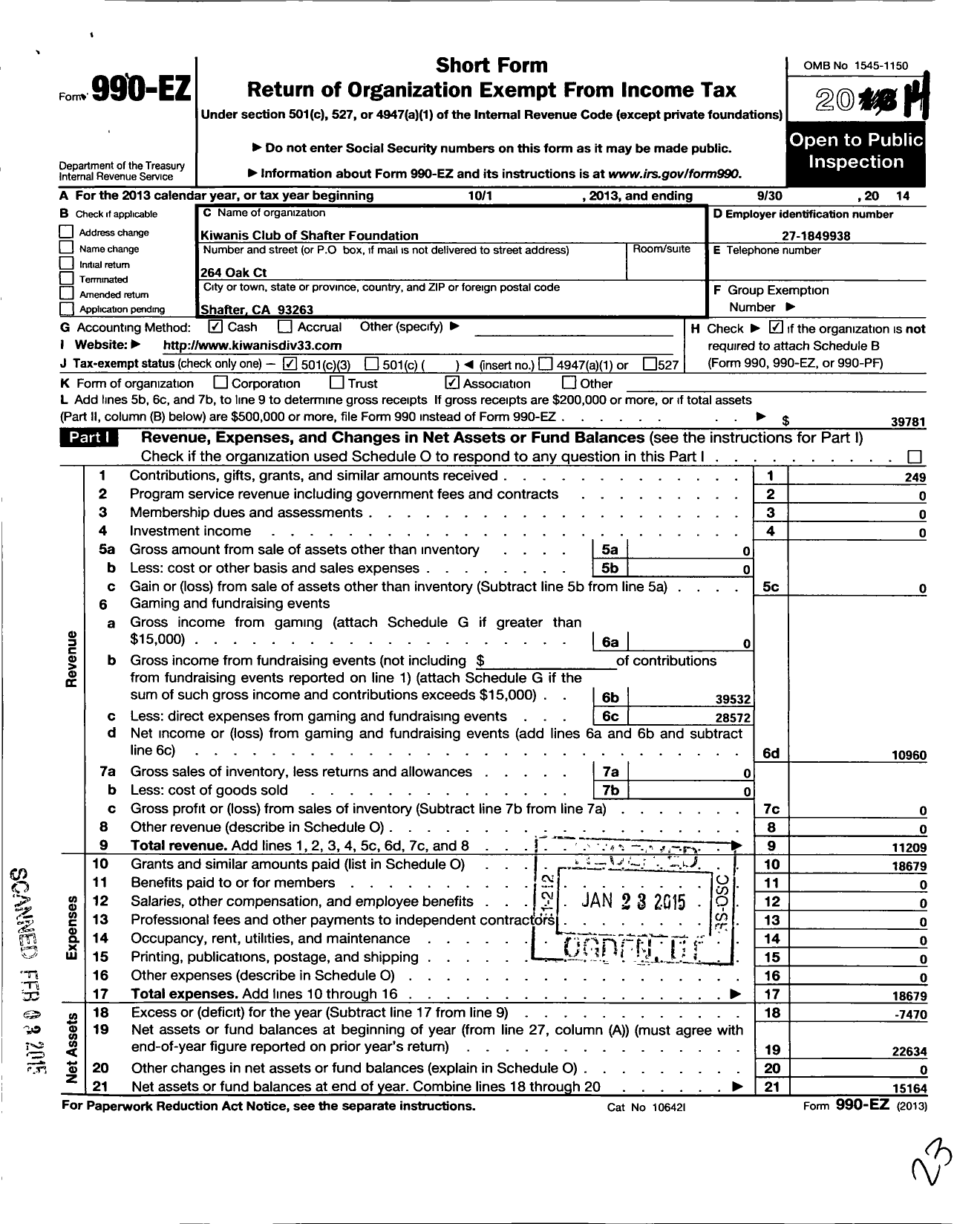 Image of first page of 2013 Form 990EZ for Kiwanis Club of Shafter Foundation