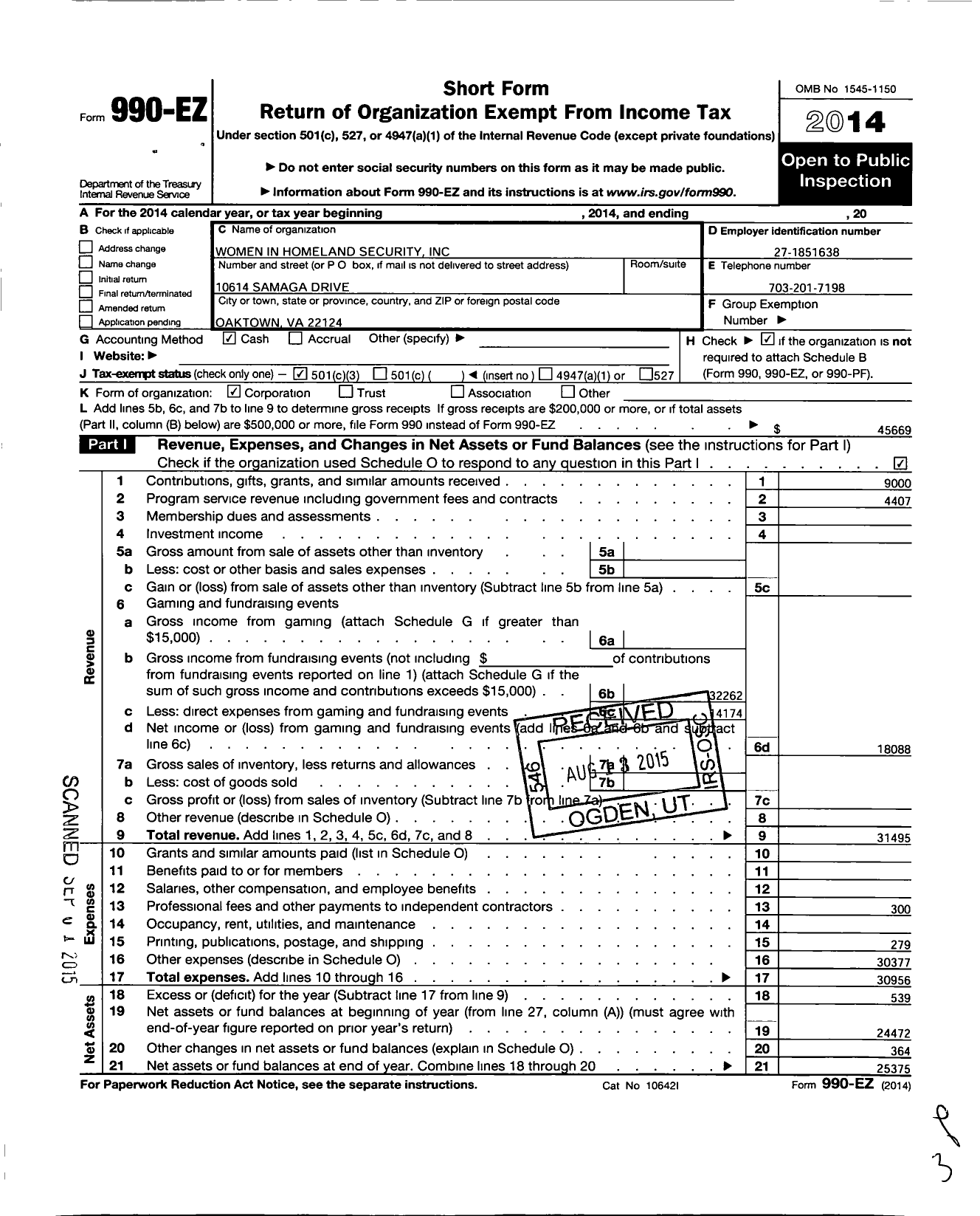 Image of first page of 2014 Form 990EZ for Women in Homeland Security