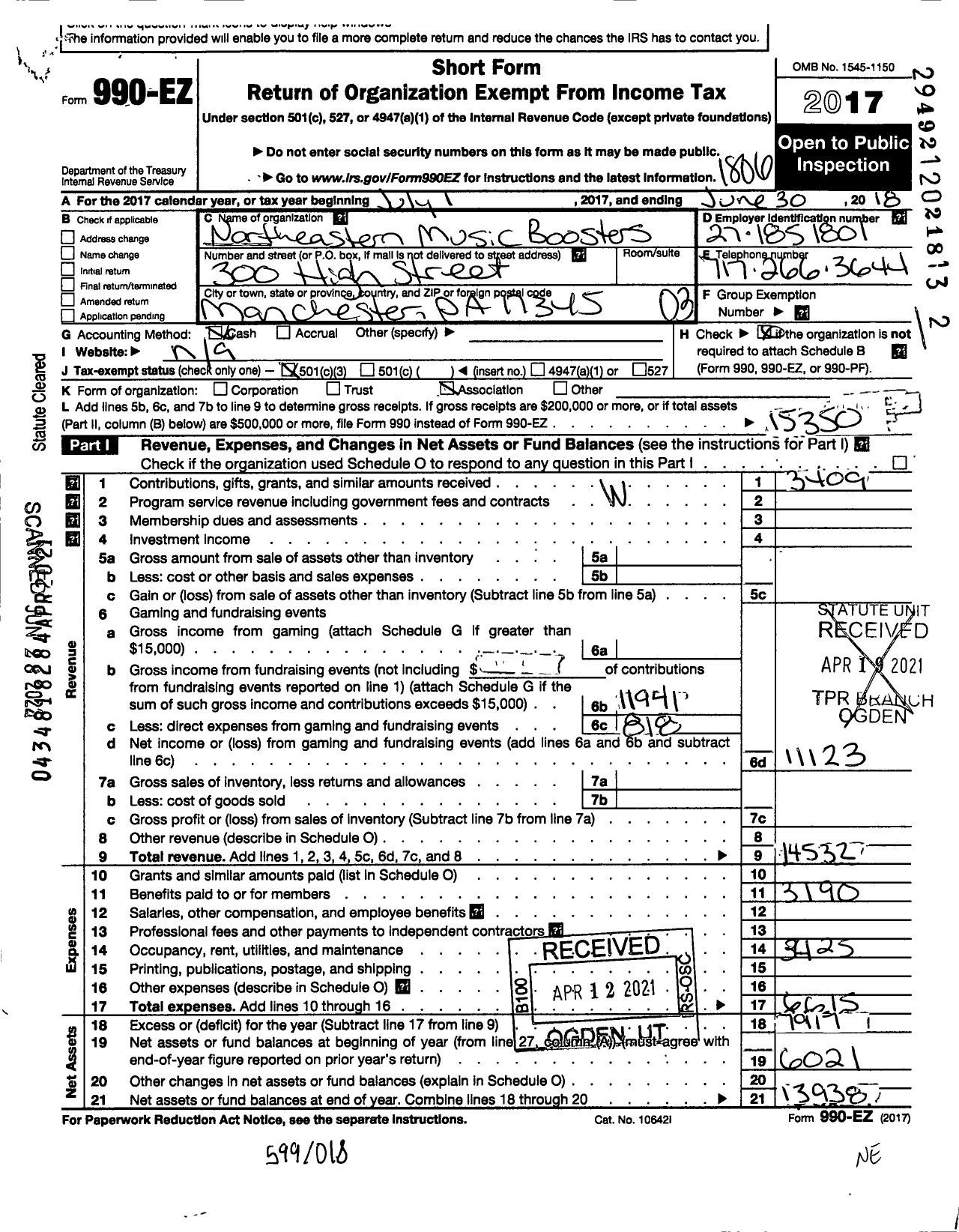 Image of first page of 2017 Form 990EZ for Northeastern Music Boosters