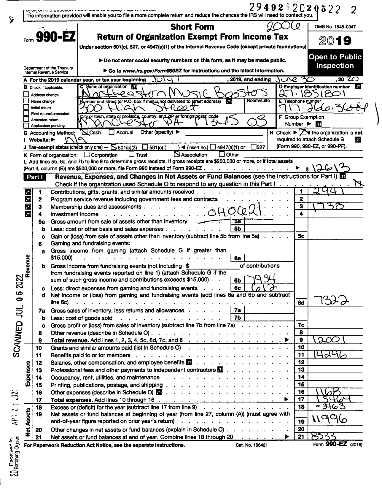 Image of first page of 2019 Form 990EZ for Northeastern Music Boosters