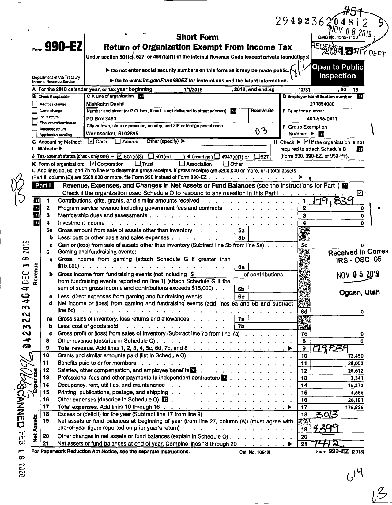 Image of first page of 2018 Form 990EZ for Mishkahn David