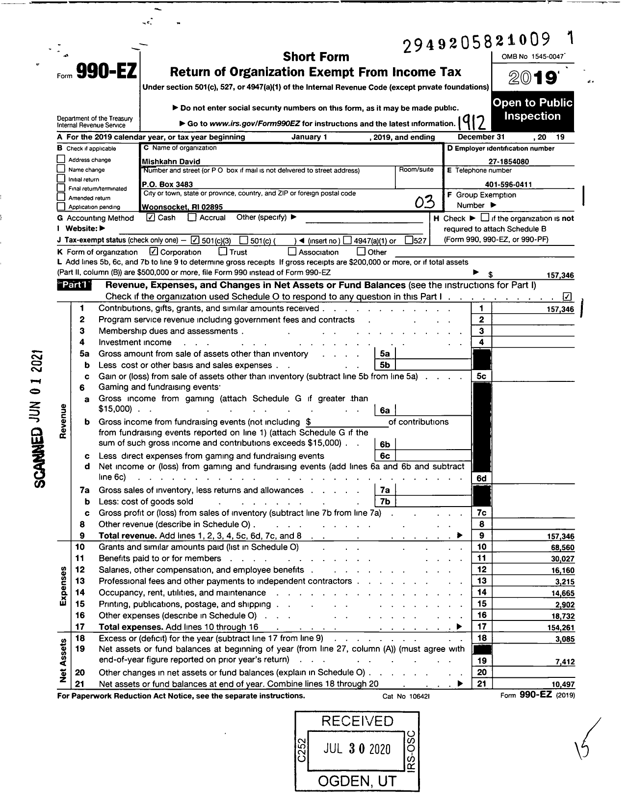 Image of first page of 2019 Form 990EZ for Mishkahn David