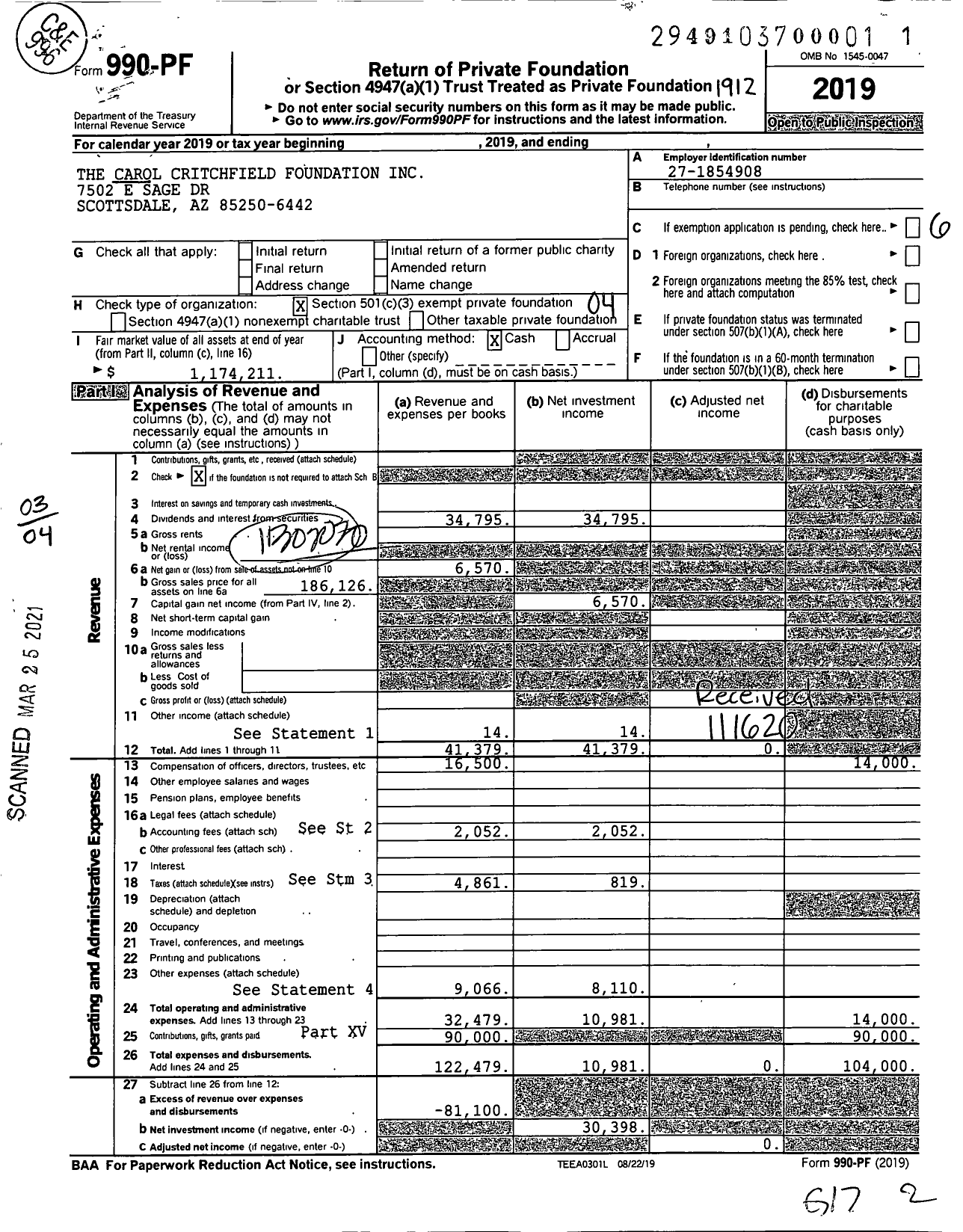 Image of first page of 2019 Form 990PF for The Carol Critchfield Foundation