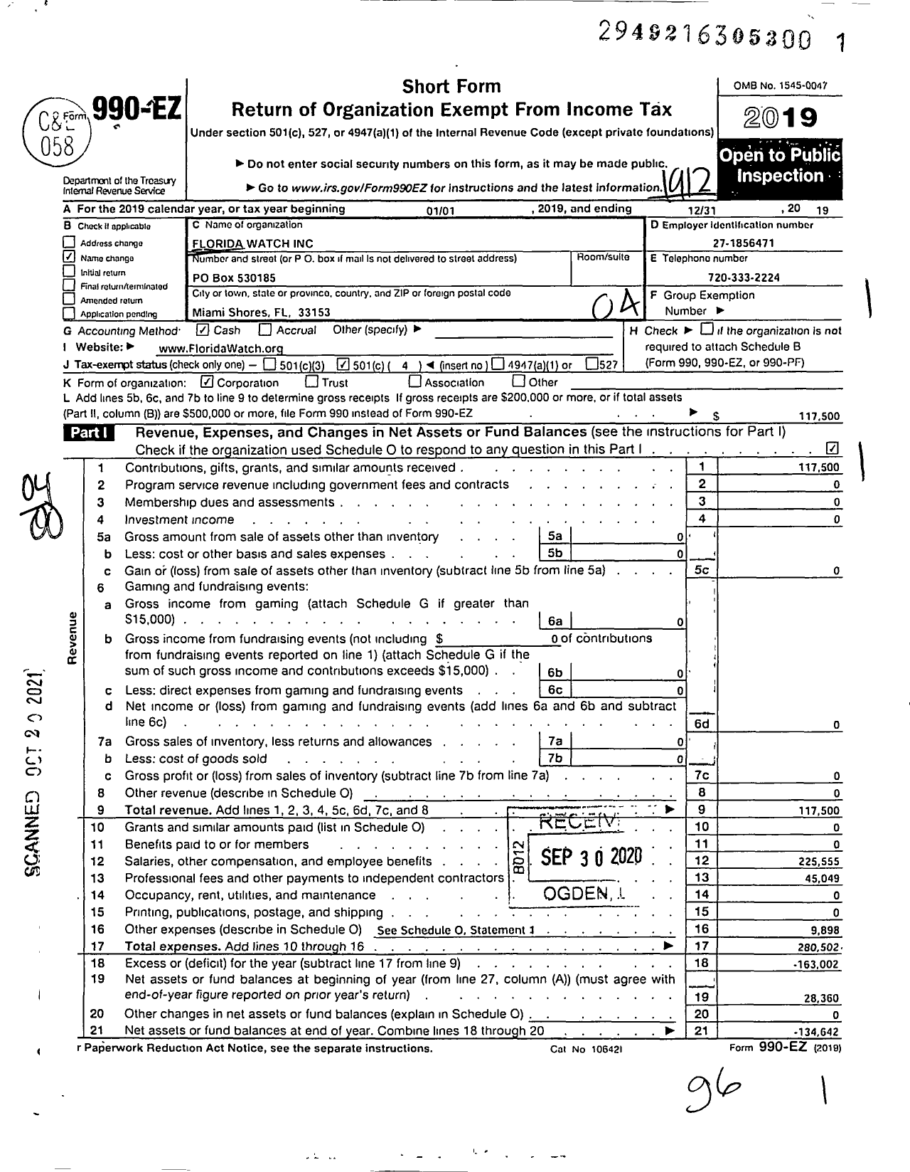 Image of first page of 2019 Form 990EO for Florida Watch