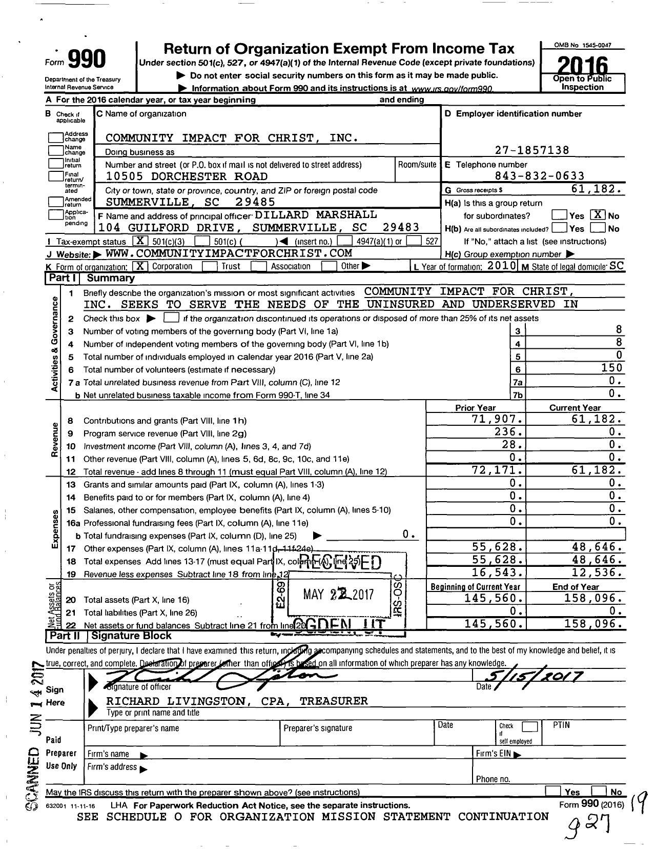 Image of first page of 2016 Form 990 for Community Impact for Christ