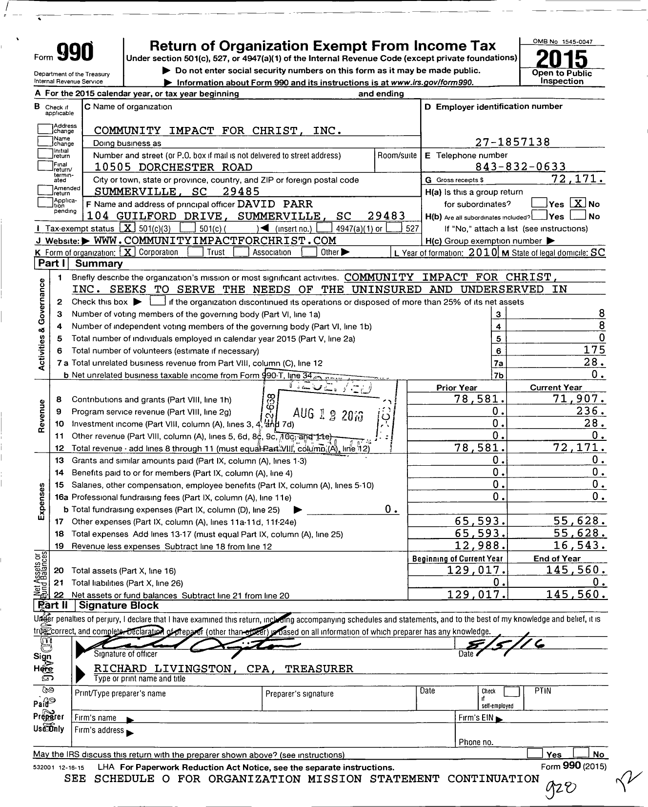 Image of first page of 2015 Form 990 for Community Impact for Christ