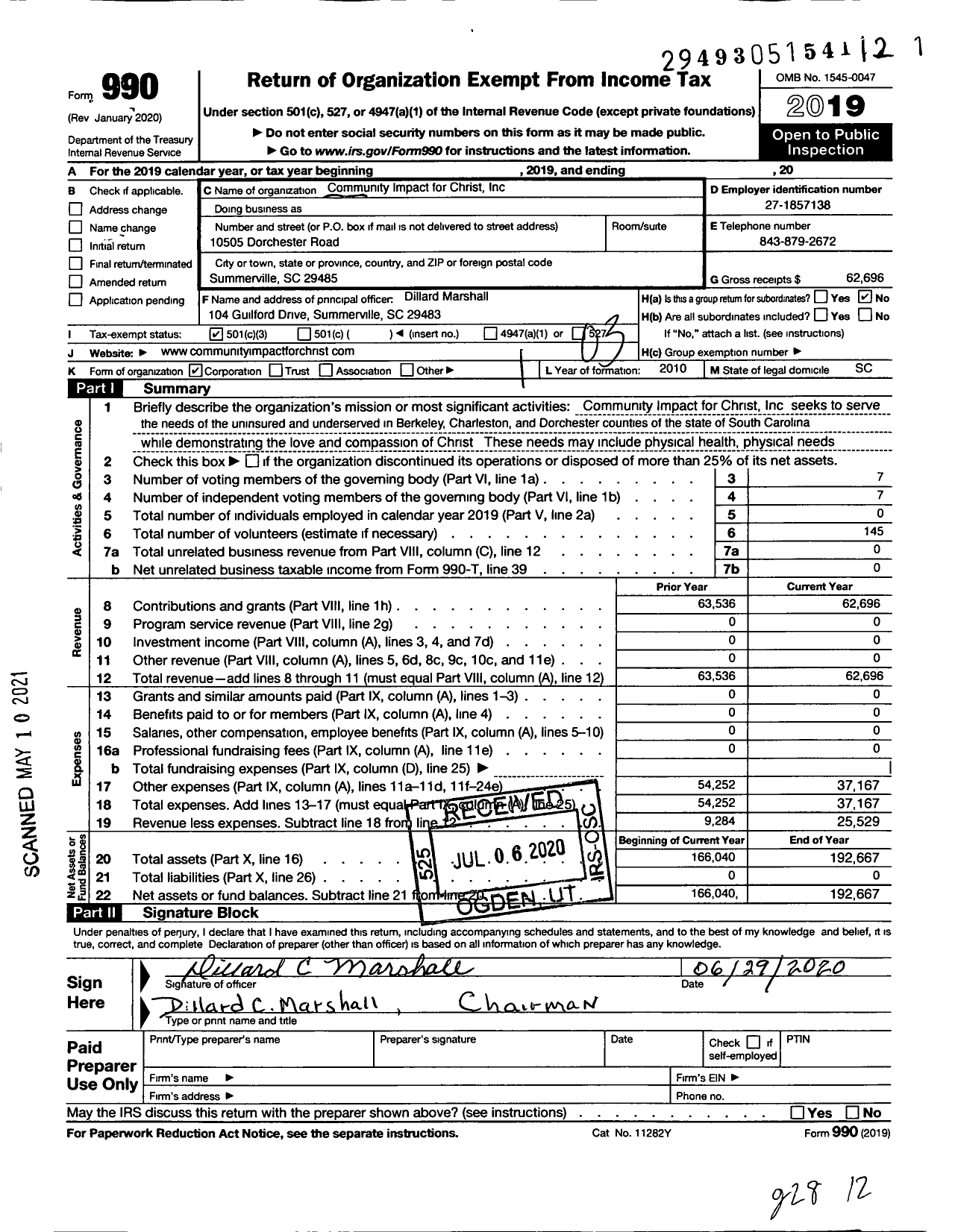 Image of first page of 2019 Form 990 for Community Impact for Christ