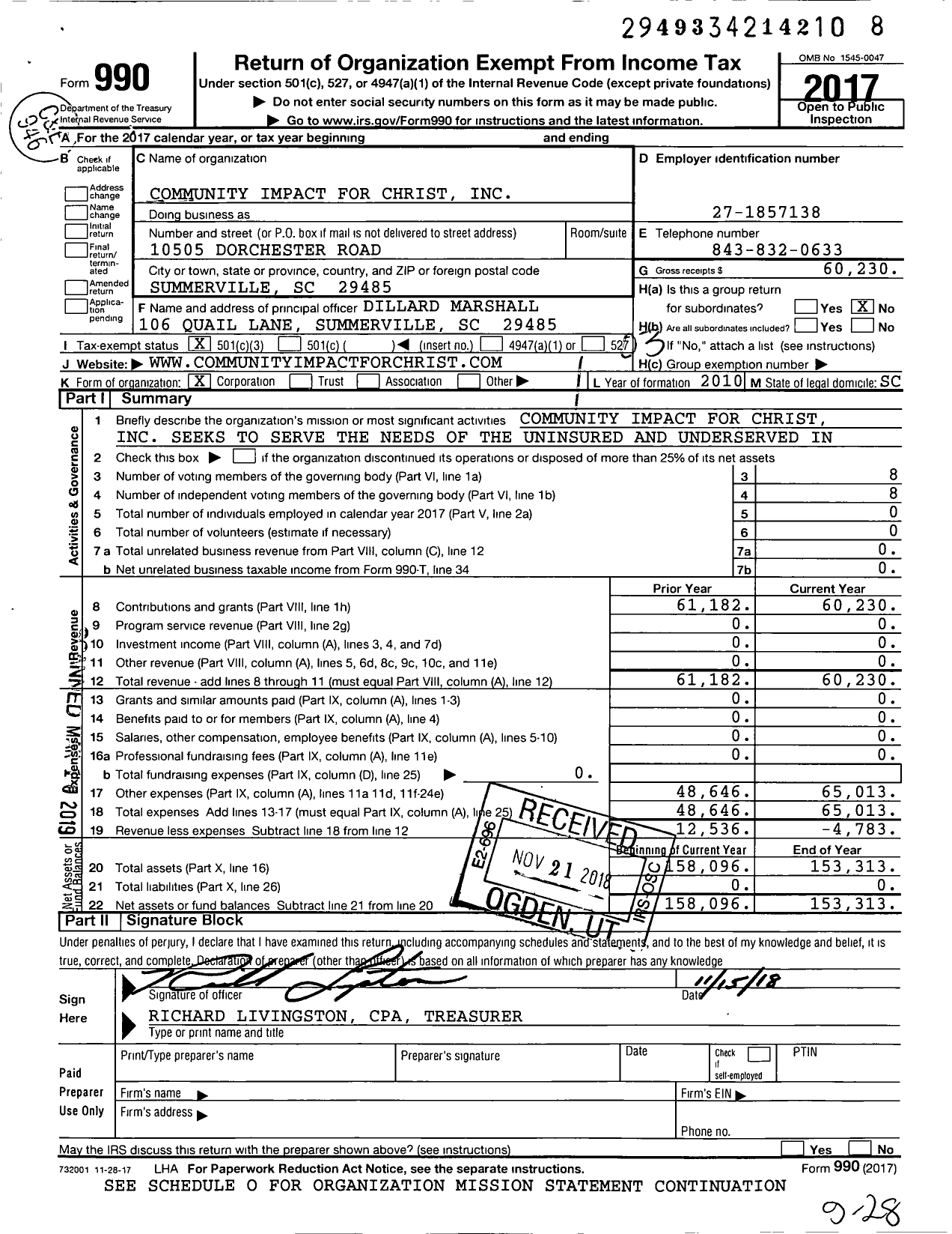 Image of first page of 2017 Form 990 for Community Impact for Christ