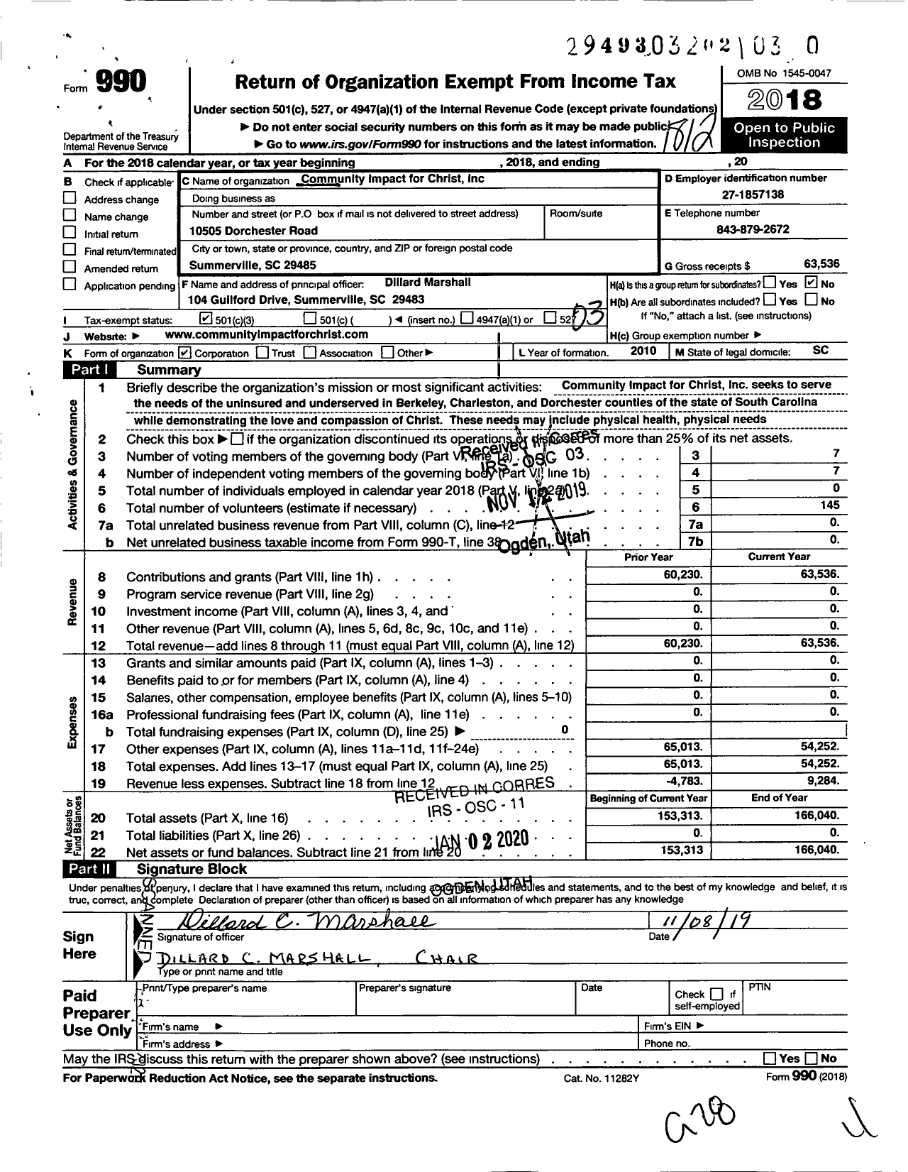 Image of first page of 2018 Form 990 for Community Impact for Christ