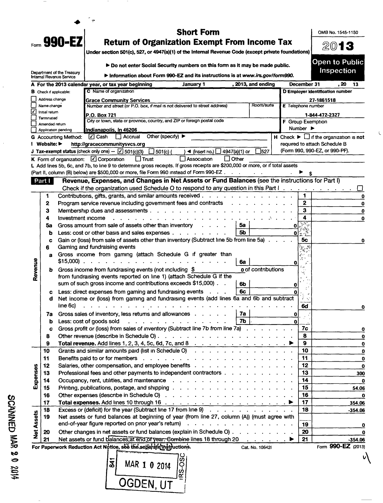 Image of first page of 2013 Form 990EZ for Grace Community Services