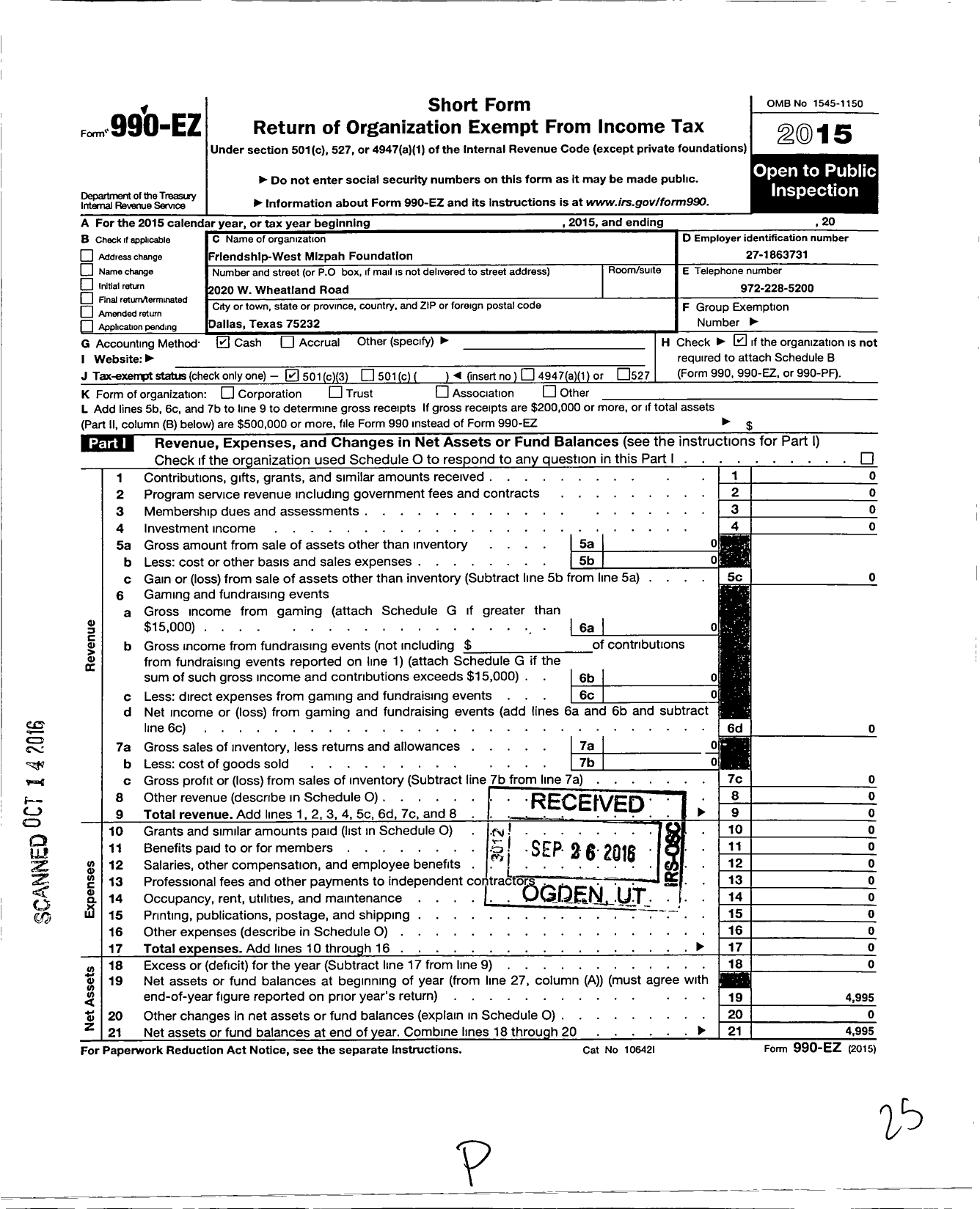 Image of first page of 2015 Form 990EZ for Friendship West Mizpah Foundation